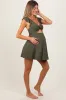 Olive Ribbed Ruffle Twist Front Maternity Swim Dress sold by Pinkblush