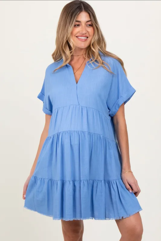 Blue Tiered Linen Maternity Dress sold by Pinkblush