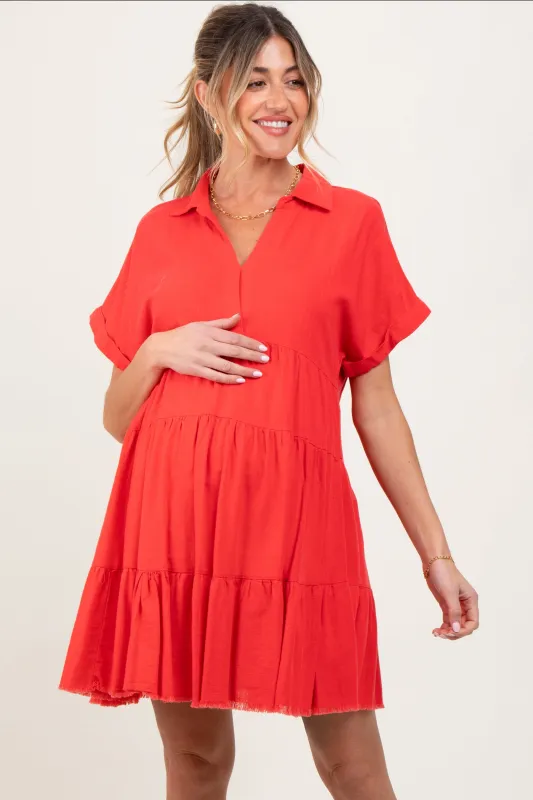 Coral Tiered Linen Maternity Dress made by Pinkblush
