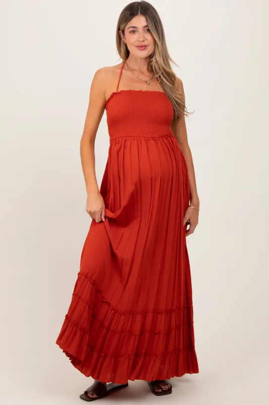 Rust Smocked Woven Maternity Maxi Dress sold by Pinkblush