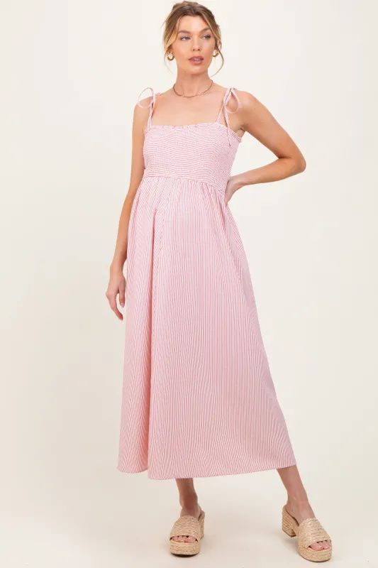 Red Striped Shoulder Tie Smocked Maternity Maxi Dress sold by Pinkblush