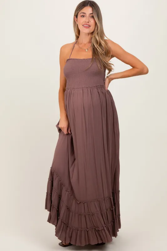 Mocha Smocked Woven Maternity Maxi Dress sold by Pinkblush