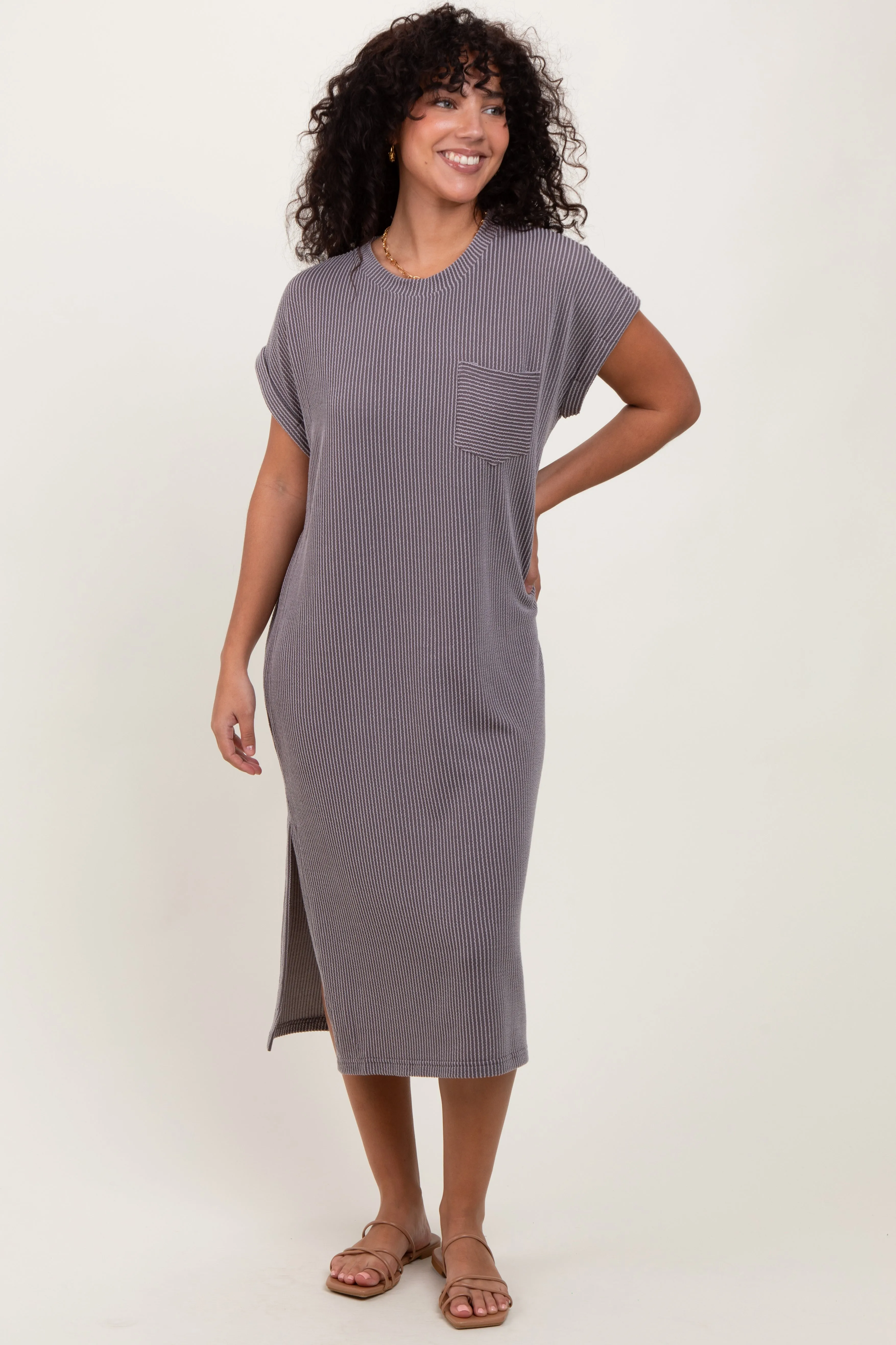 Grey Ribbed Short Sleeve Front Pocket Maternity Midi Dress sold by Pinkblush product image thumbnail 4