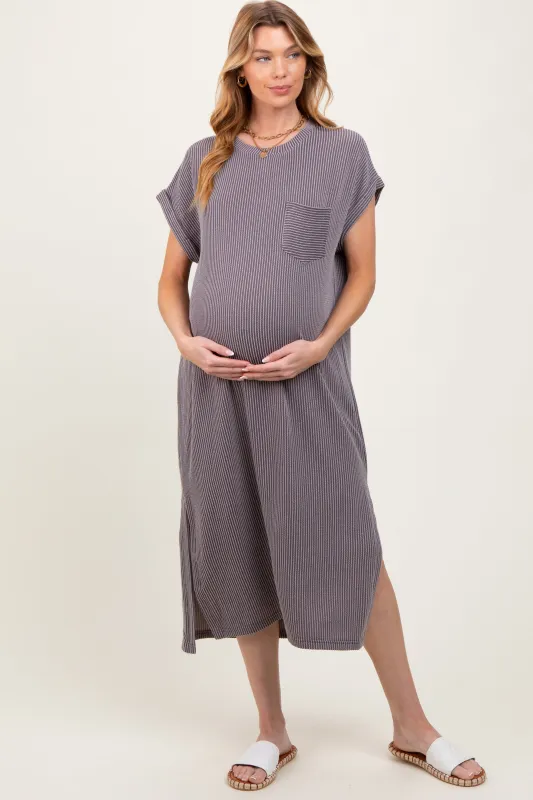 Grey Ribbed Short Sleeve Front Pocket Maternity Midi Dress sold by Pinkblush