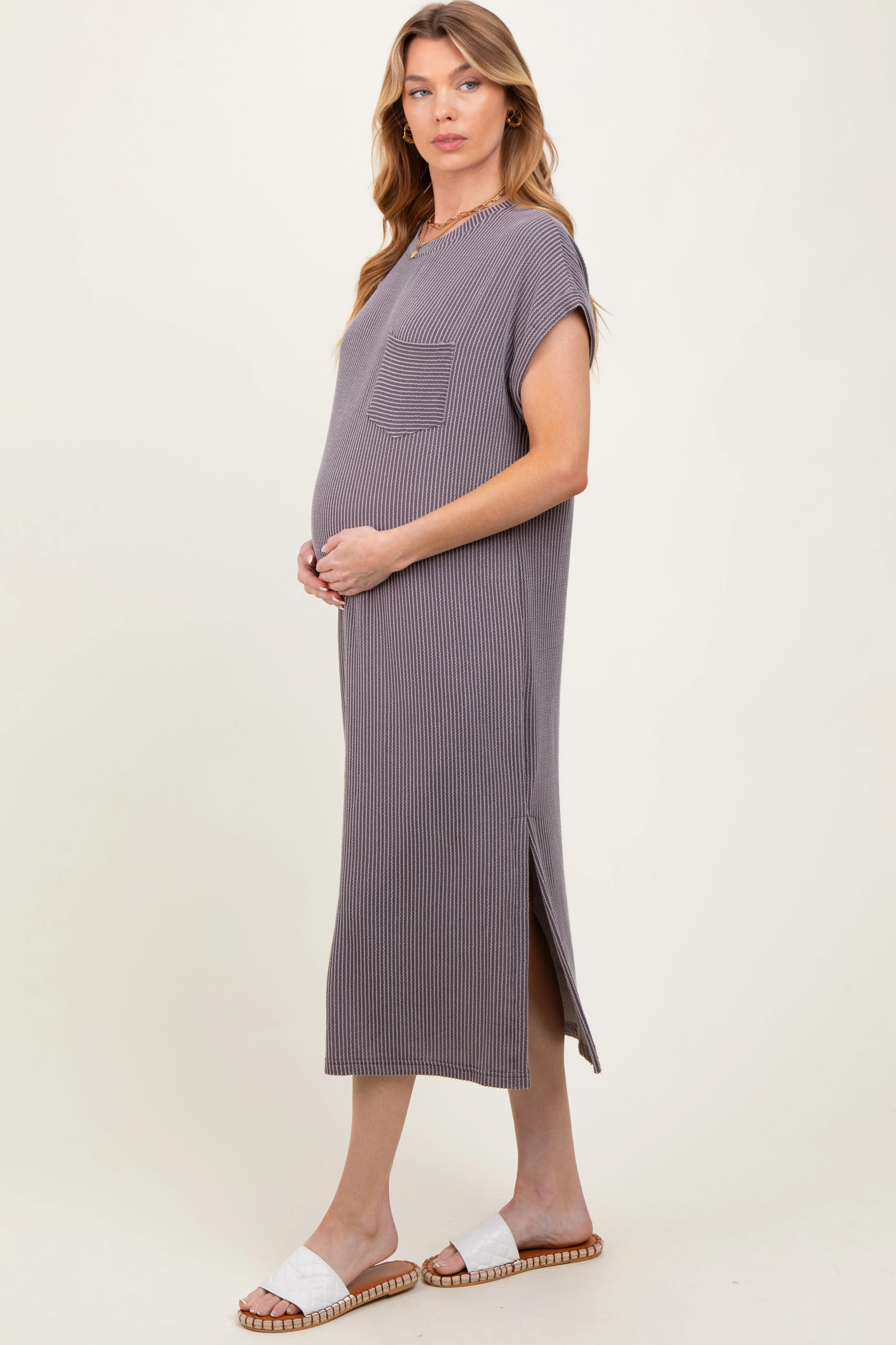 Grey Ribbed Short Sleeve Front Pocket Maternity Midi Dress sold by Pinkblush product image thumbnail 2