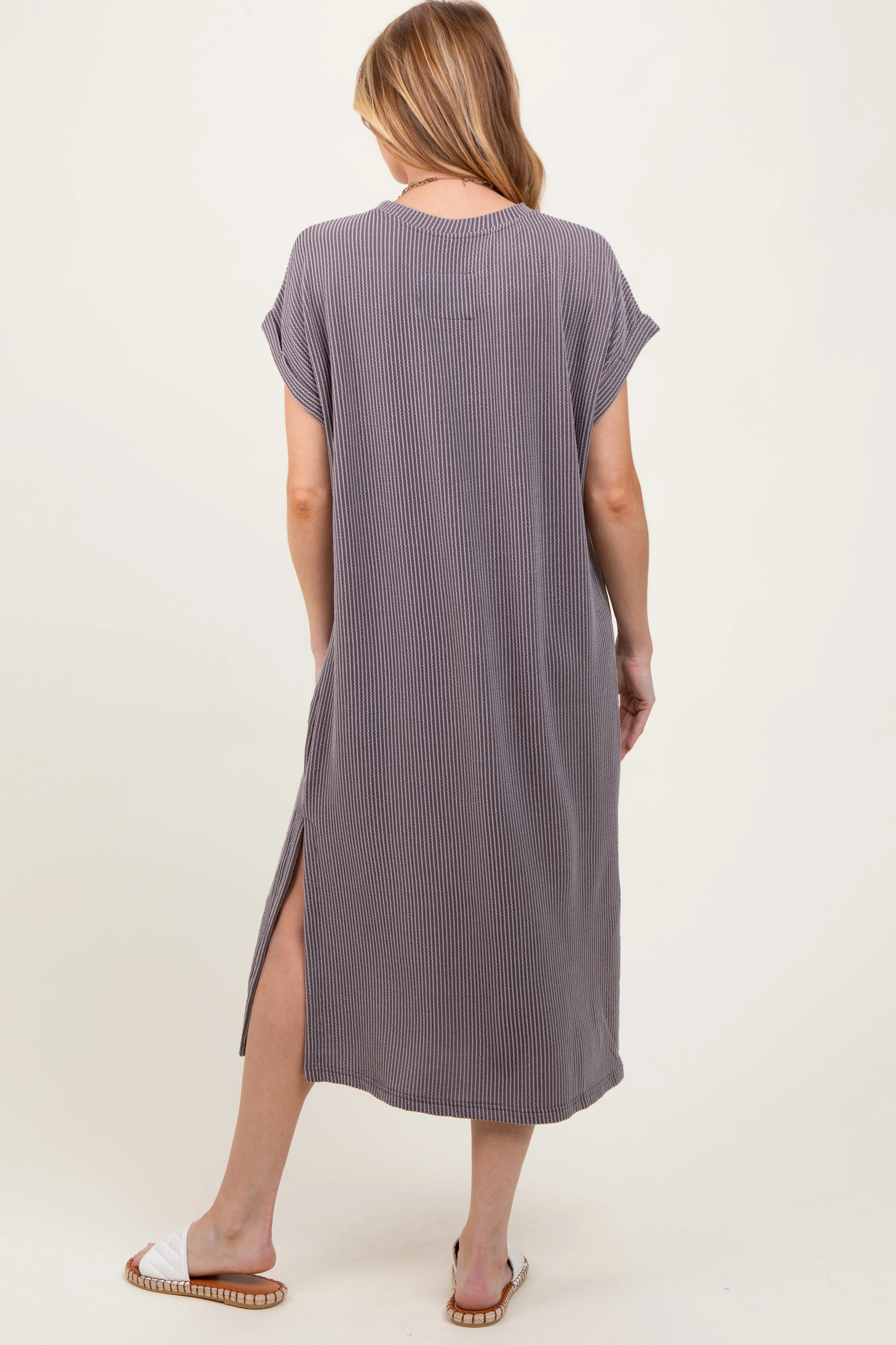 Grey Ribbed Short Sleeve Front Pocket Maternity Midi Dress sold by Pinkblush product image thumbnail 3