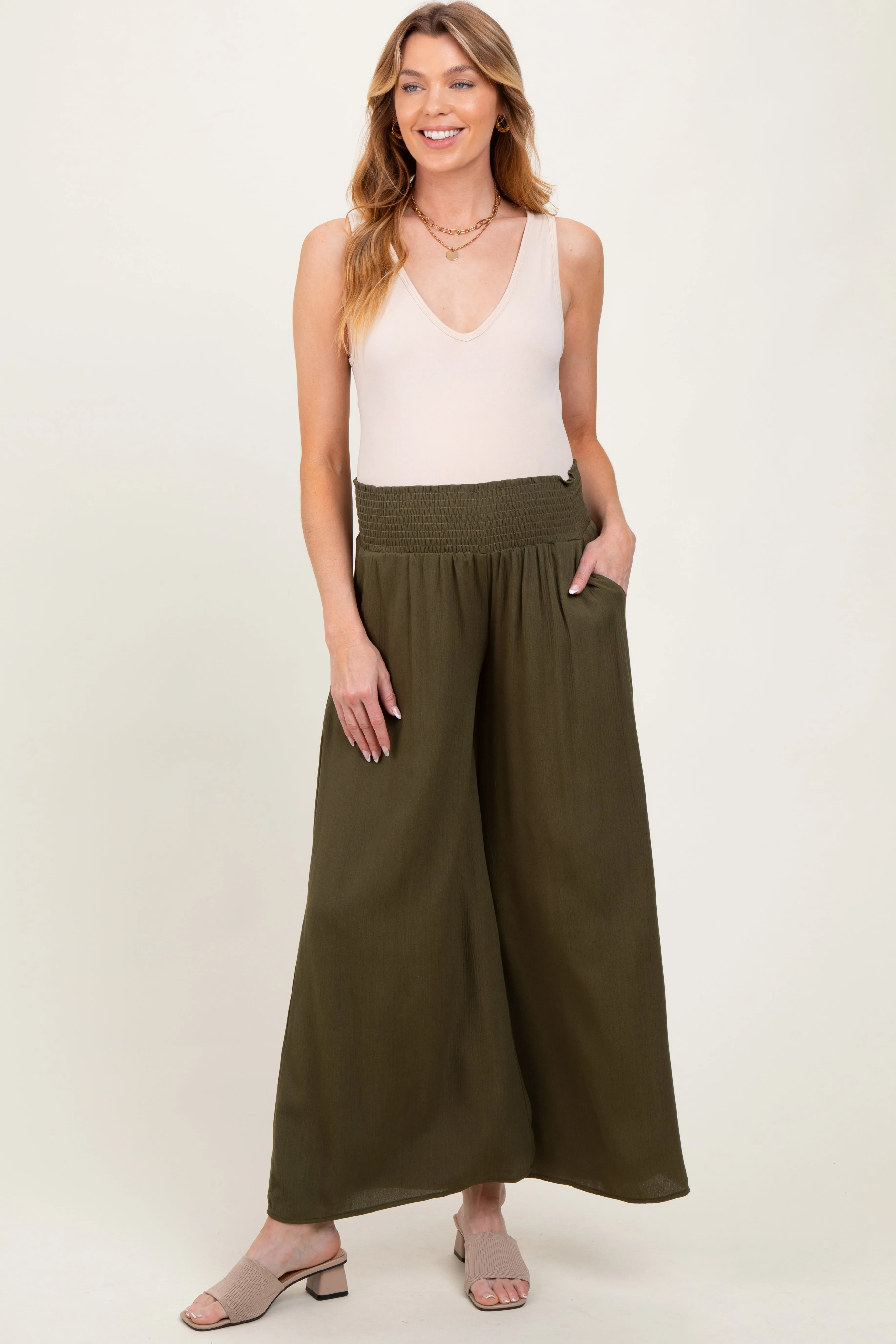 Olive Wide Smock Waist Maternity Pants sold by Pinkblush