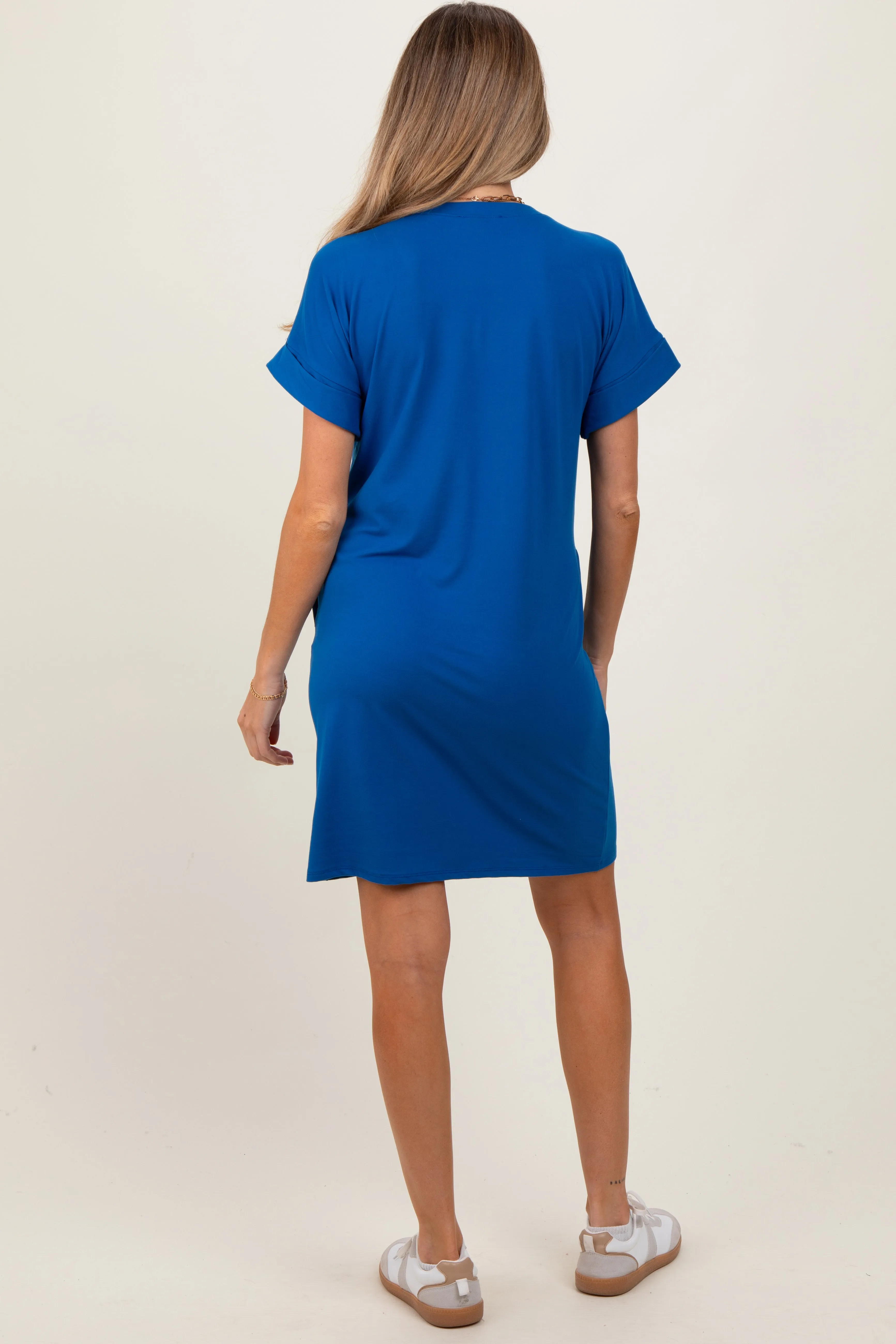 Royal Blue Brushed Rolled Short Sleeve V-Neck Maternity Dress sold by Pinkblush product image thumbnail 2