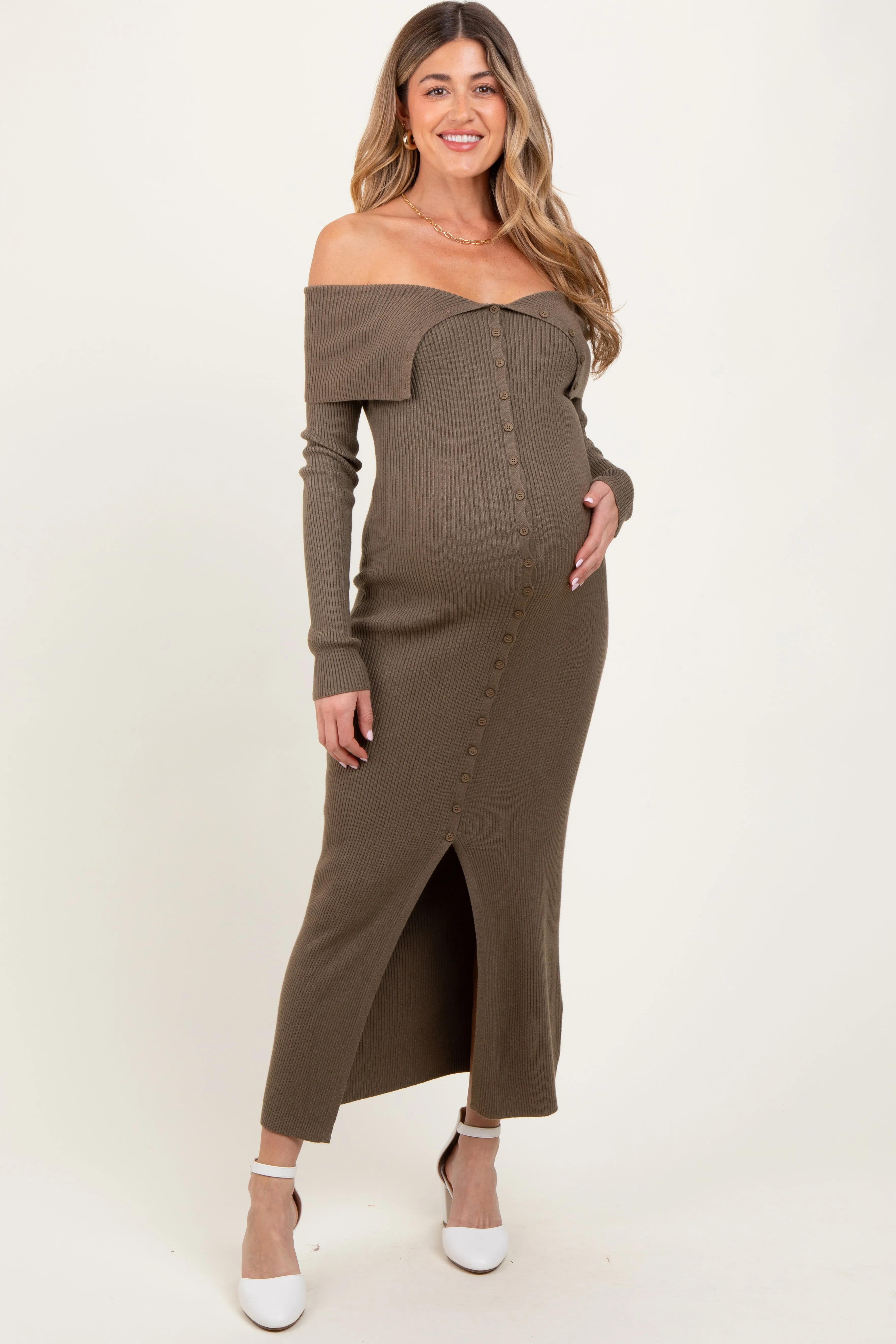Olive Off Shoulder Long Cardigan Maternity Maxi Dress sold by Pinkblush