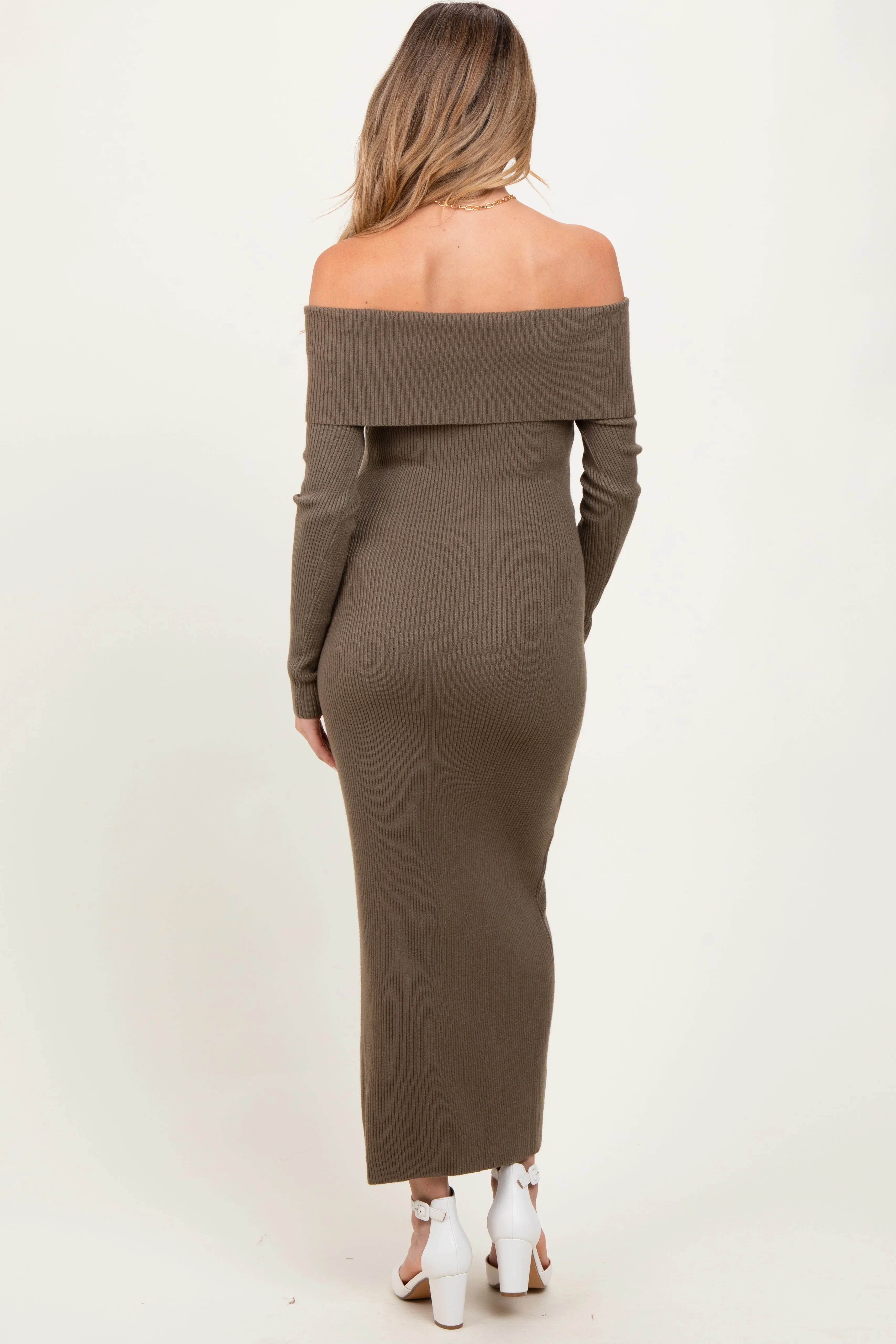 Olive Off Shoulder Long Cardigan Maternity Maxi Dress sold by Pinkblush product image thumbnail 3