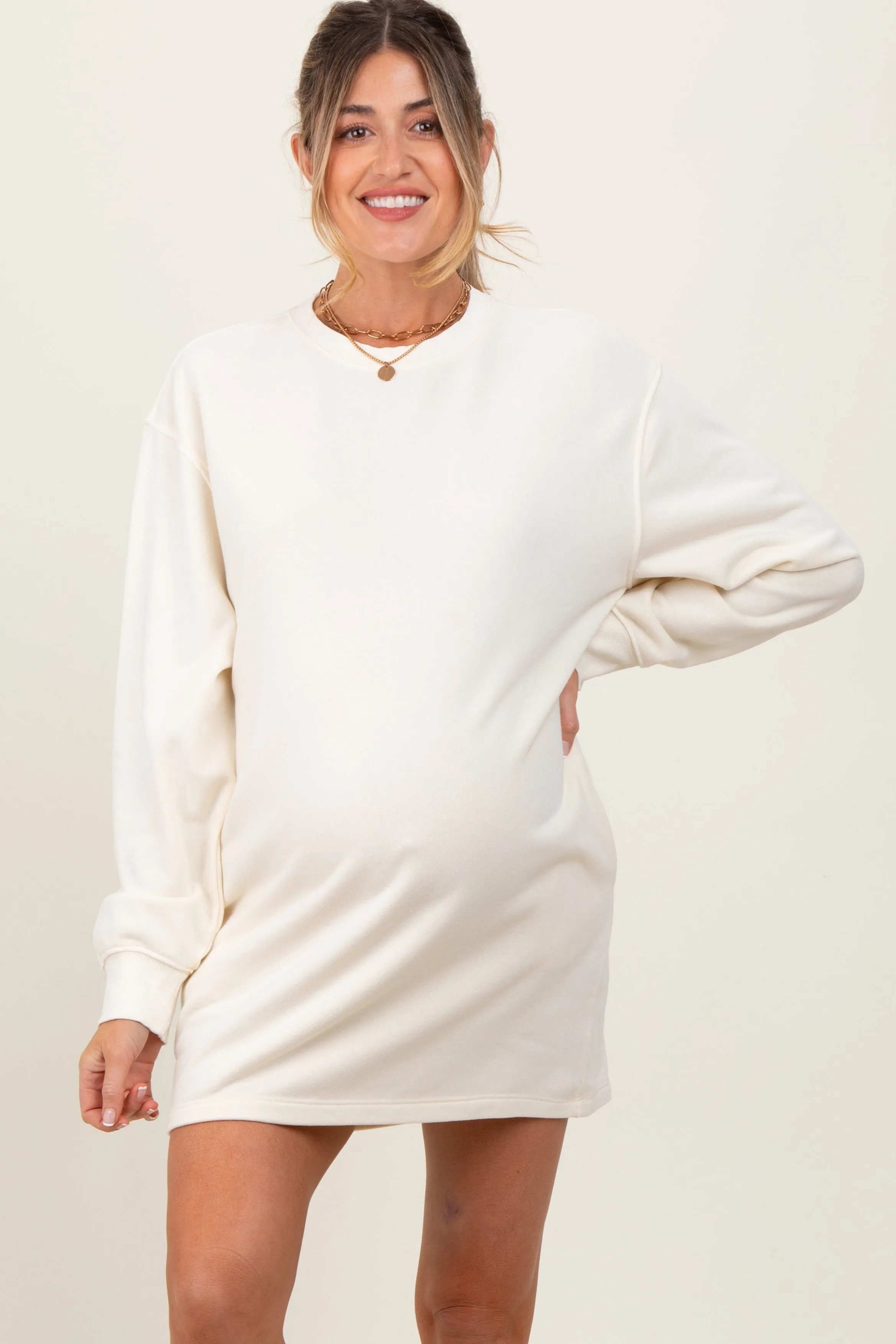 Cream Long Sleeve Oversized Sweatshirt Maternity Mini Dress sold by Pinkblush