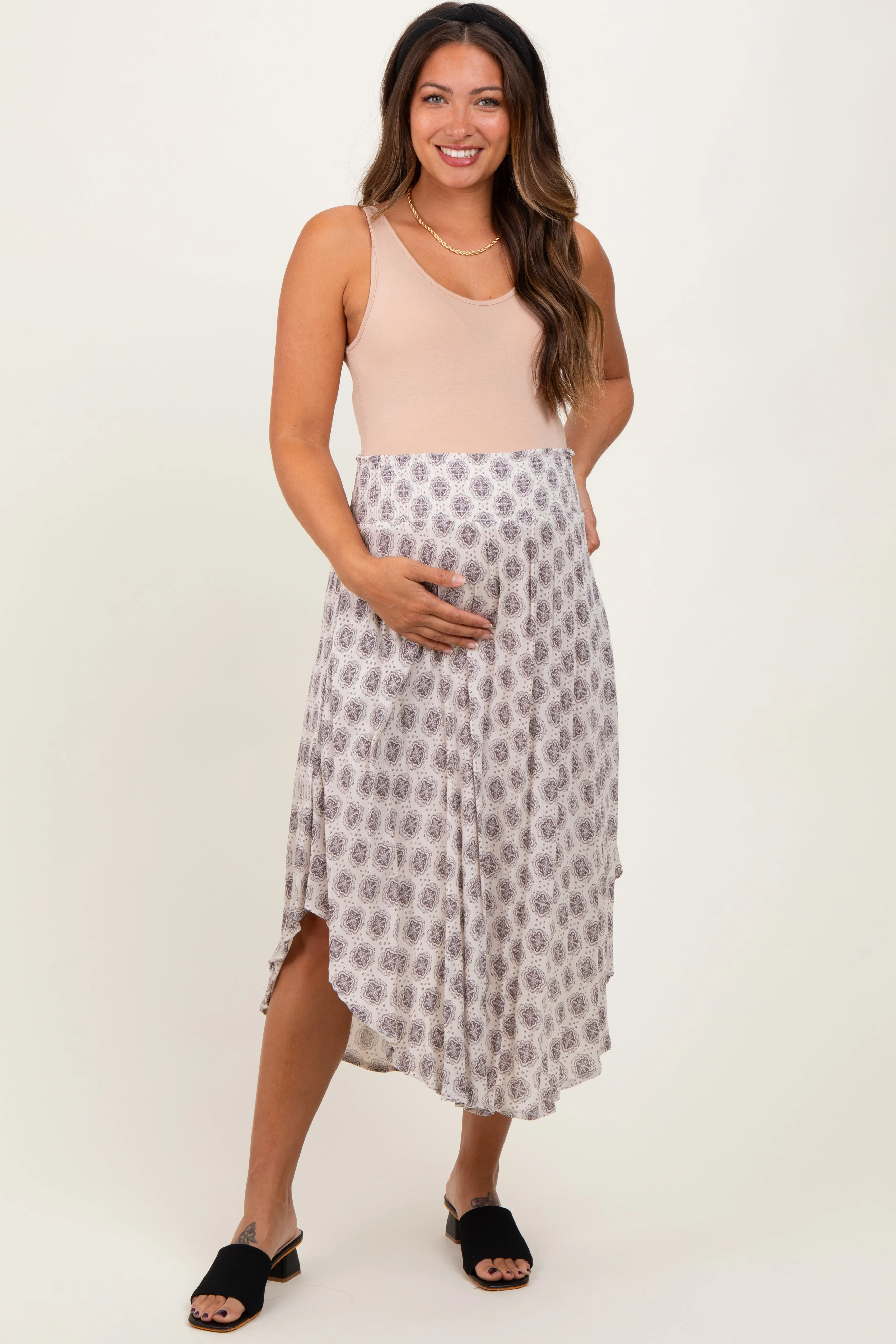 Grey Damask Print Smocked Waistband Maternity Midi Skirt sold by Pinkblush
