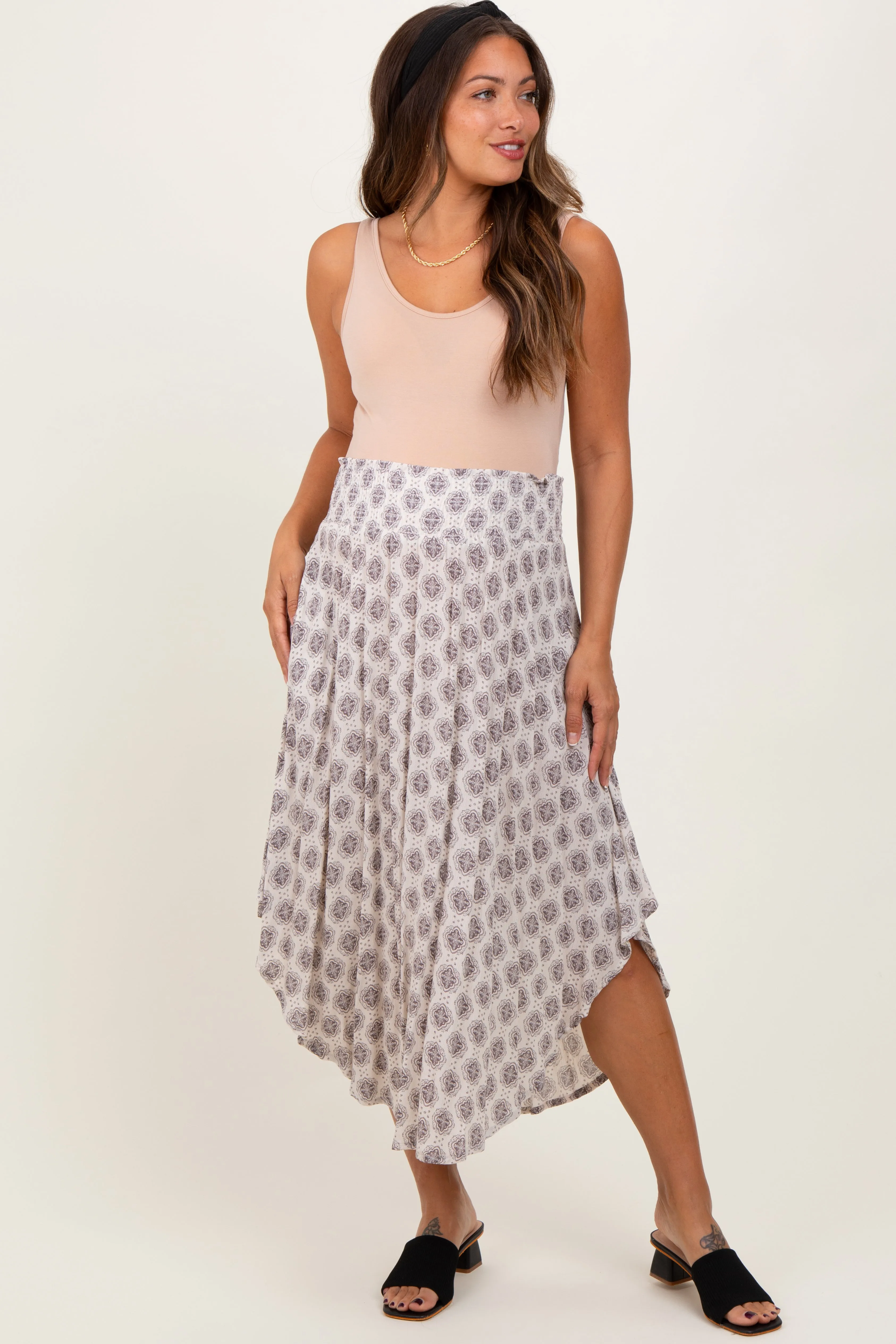 Grey Damask Print Smocked Waistband Maternity Midi Skirt sold by Pinkblush product image thumbnail 2