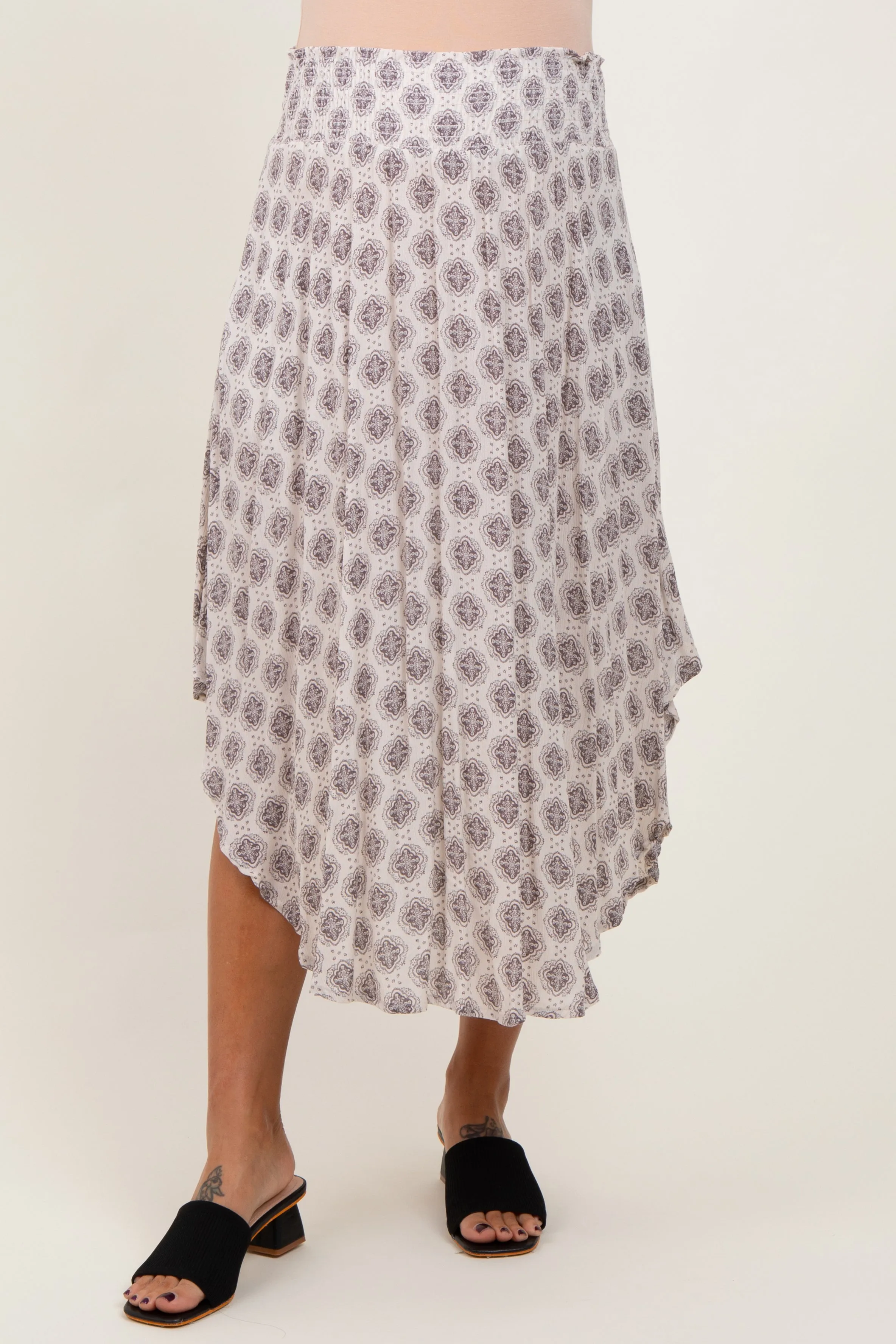 Grey Damask Print Smocked Waistband Maternity Midi Skirt sold by Pinkblush product image thumbnail 3