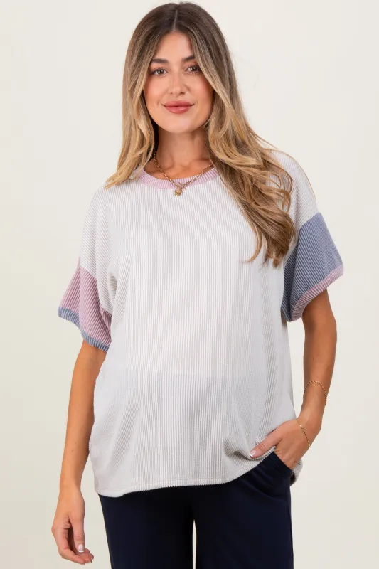 Cream Solid Ribbed Color Block Short Sleeve Maternity Tunic Top sold by Pinkblush
