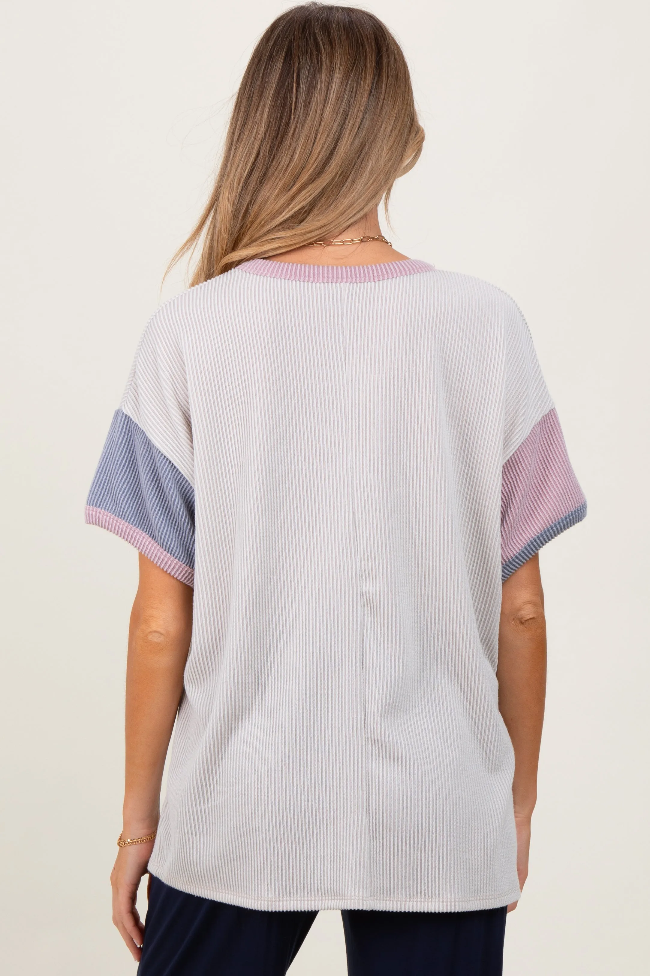 Cream Solid Ribbed Color Block Short Sleeve Maternity Tunic Top sold by Pinkblush product image thumbnail 2