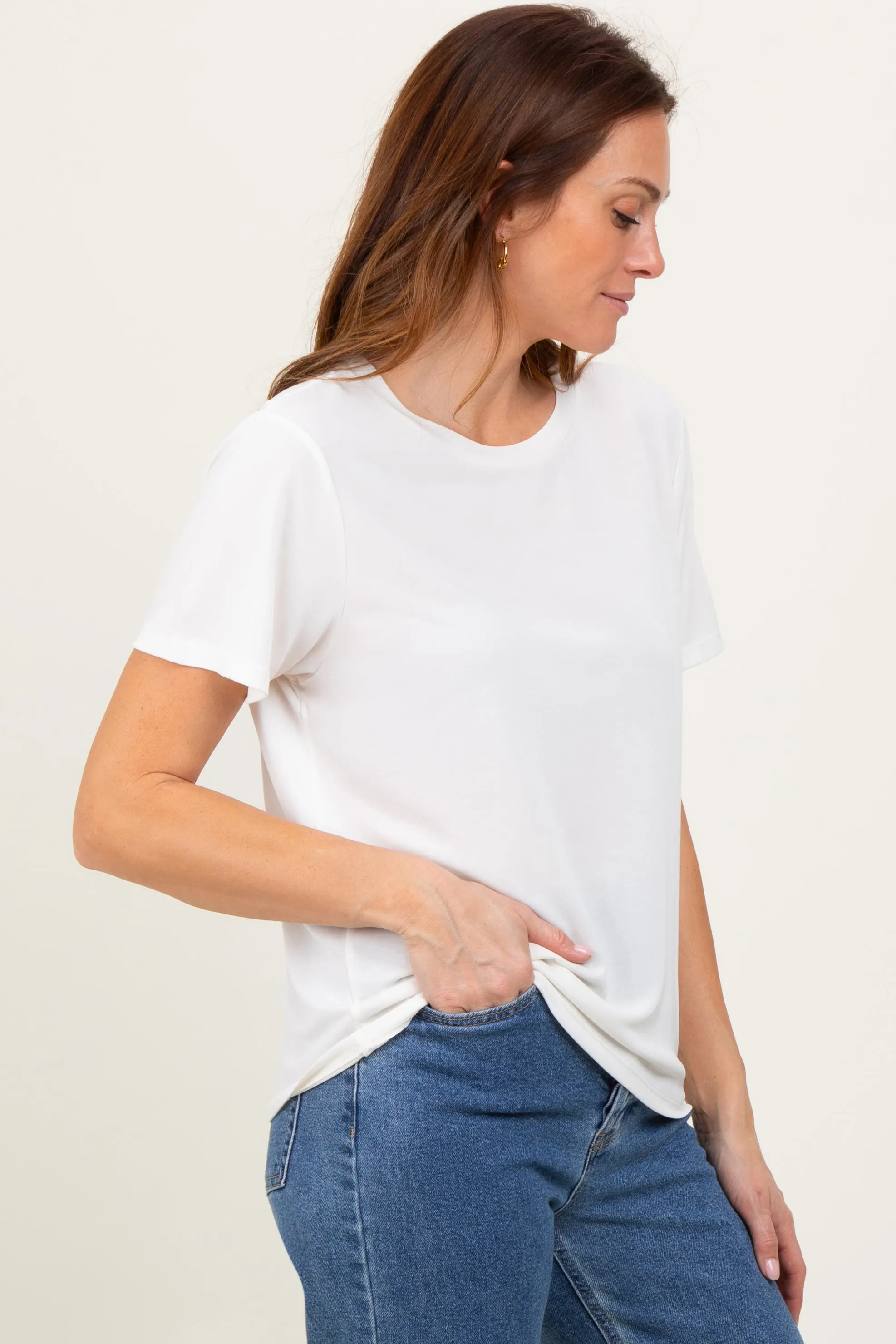 Cream Basic Round Neck Short Sleeve T-Shirt sold by Pinkblush product image thumbnail 3