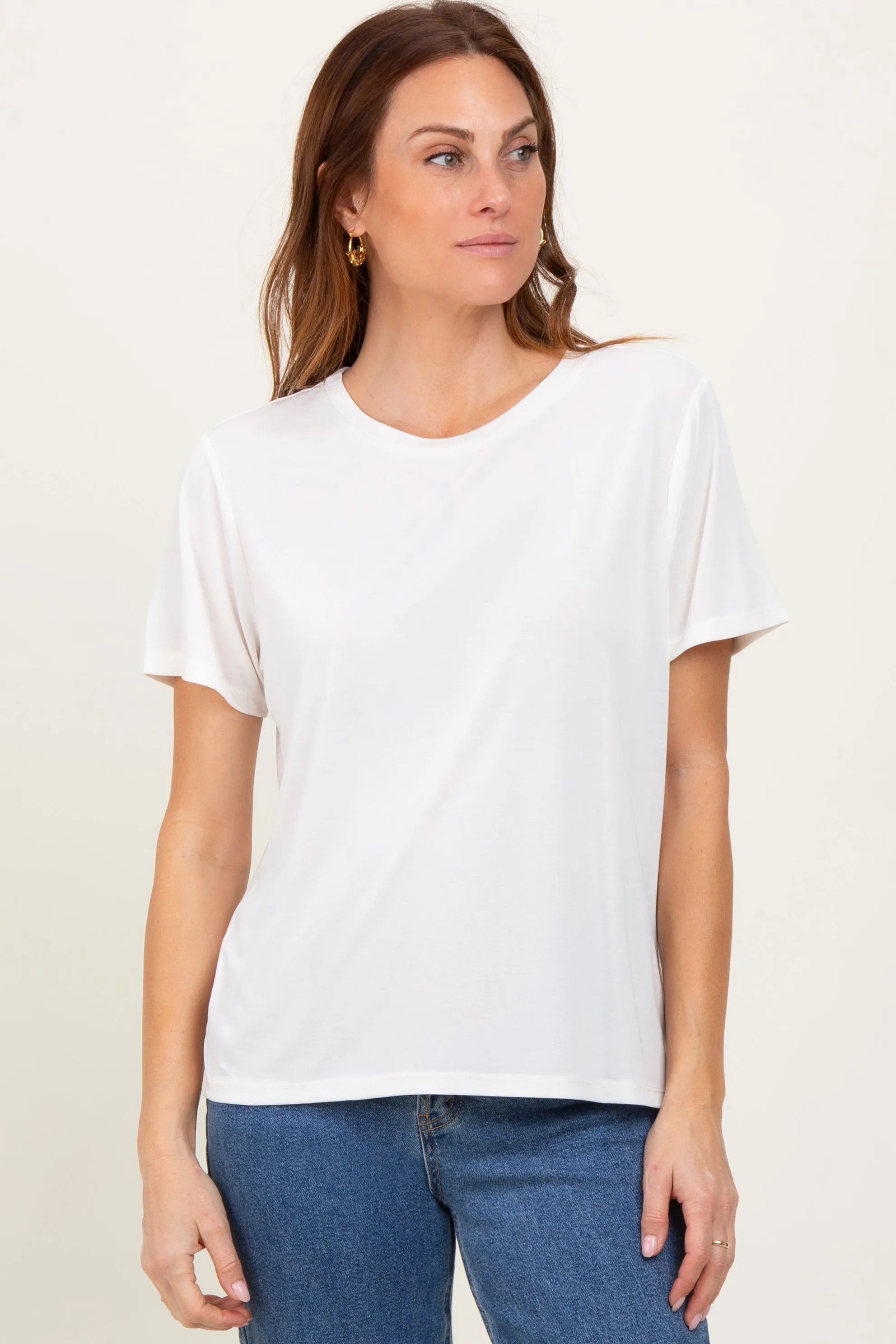 Cream Basic Round Neck Short Sleeve T-Shirt sold by Pinkblush product image thumbnail 2