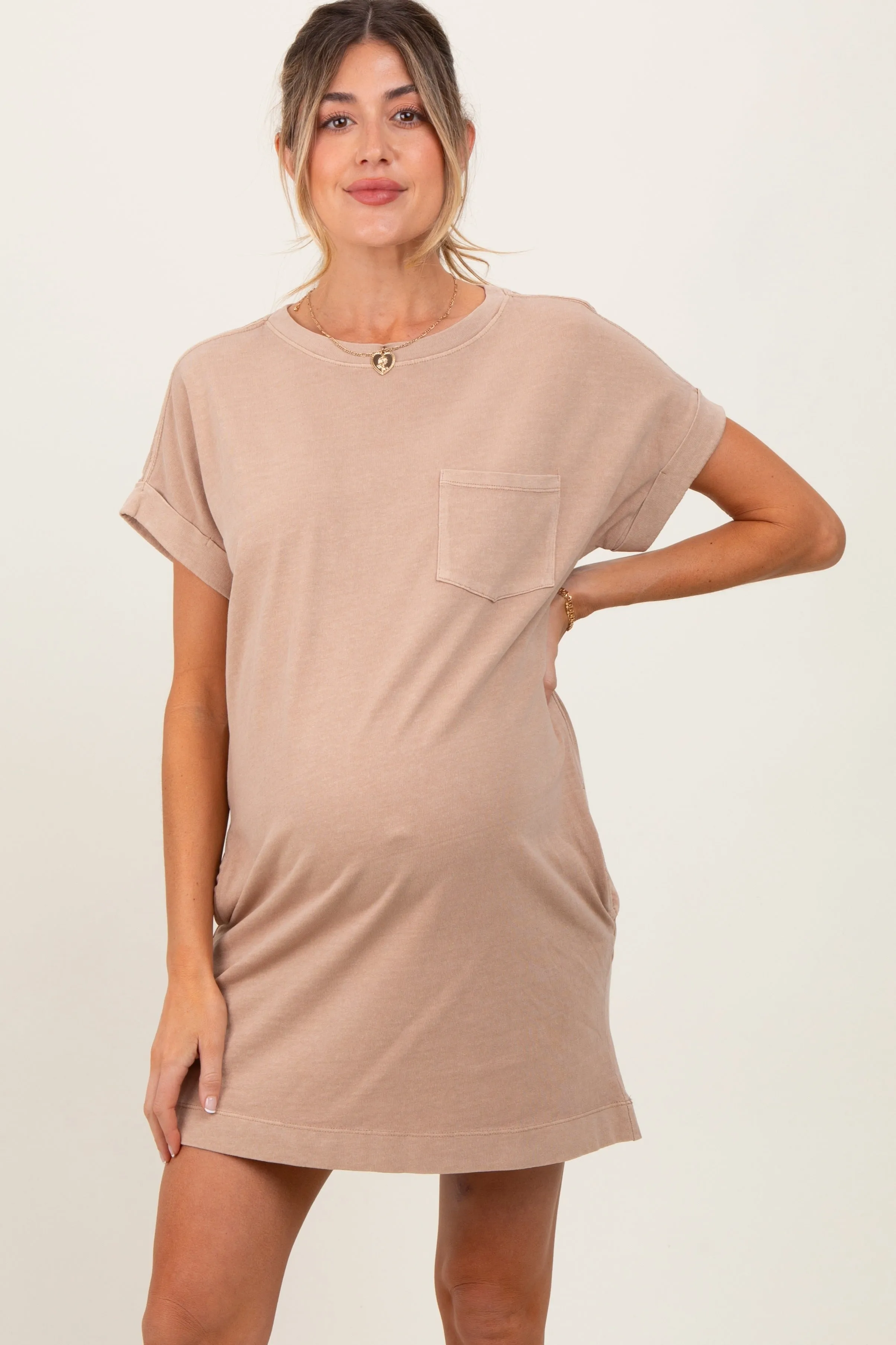 Light Taupe Maternity Mini T-Shirt Dress sold by Pinkblush