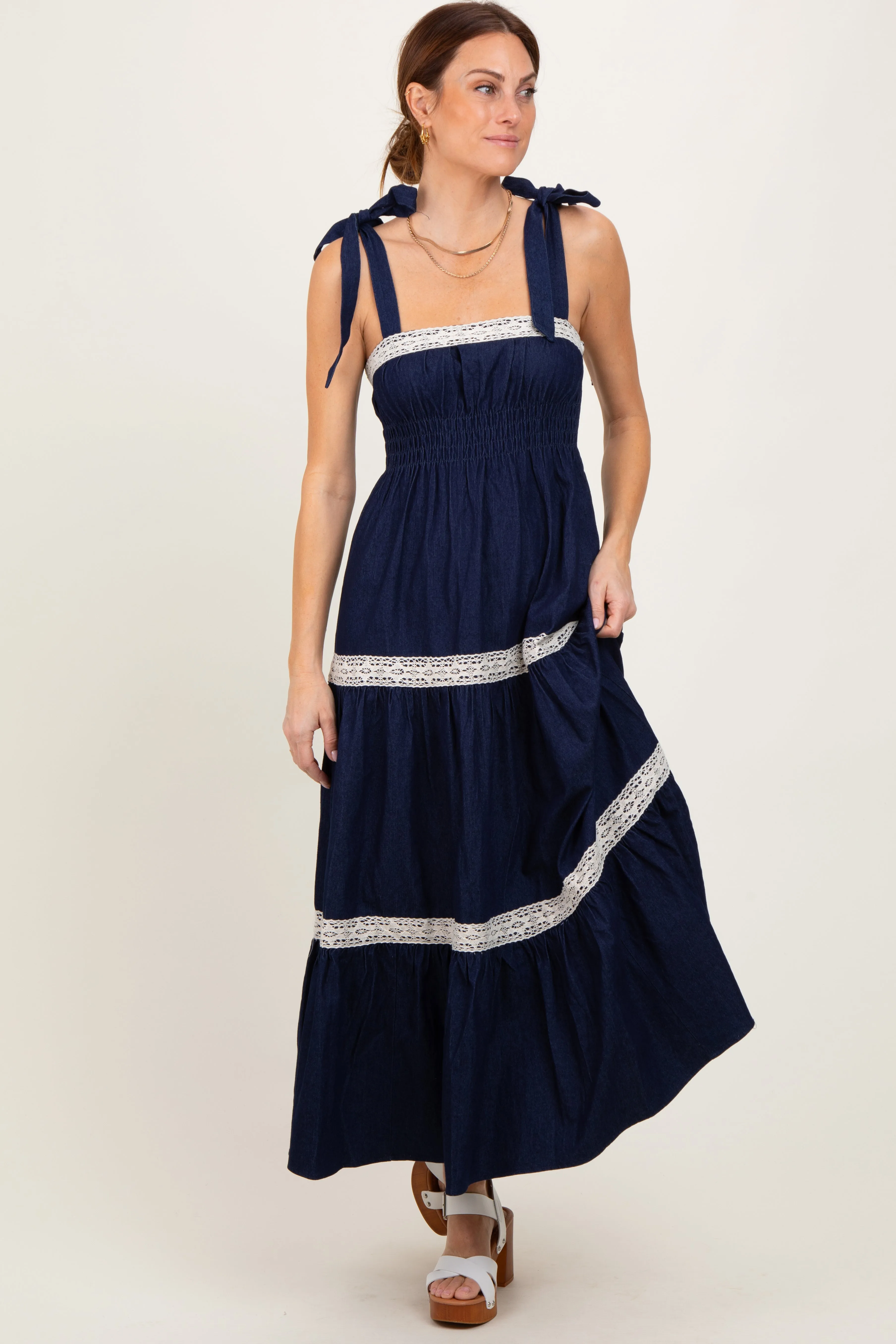 Navy Lace Trim Sleeveless Maternity Maxi Dress sold by Pinkblush product image thumbnail 3