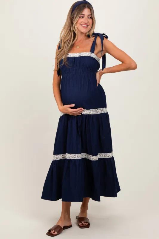Navy Lace Trim Sleeveless Maternity Maxi Dress sold by Pinkblush