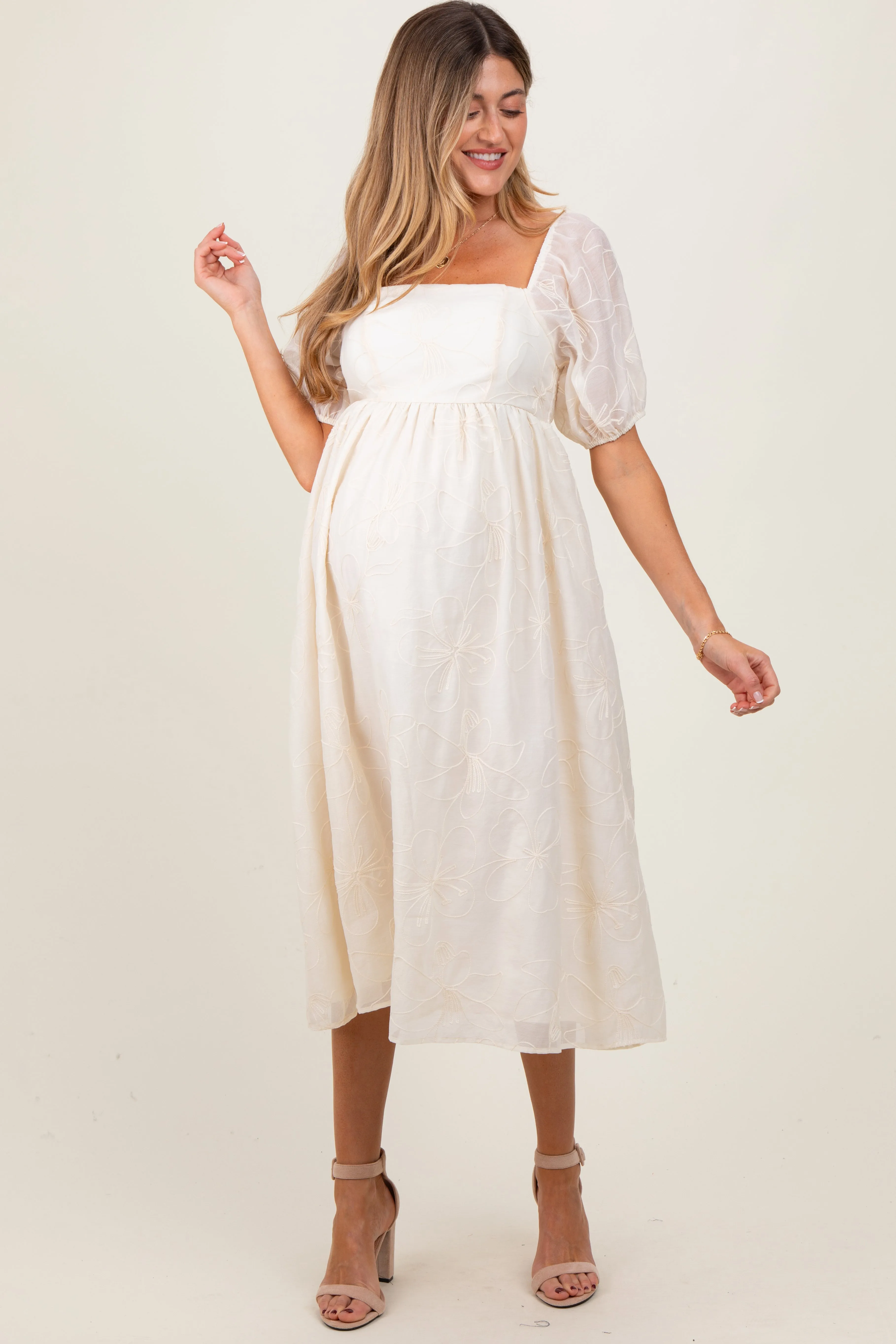 Cream Embroidered Floral Puff Sleeve Maternity Midi Dress sold by Pinkblush product image thumbnail 2