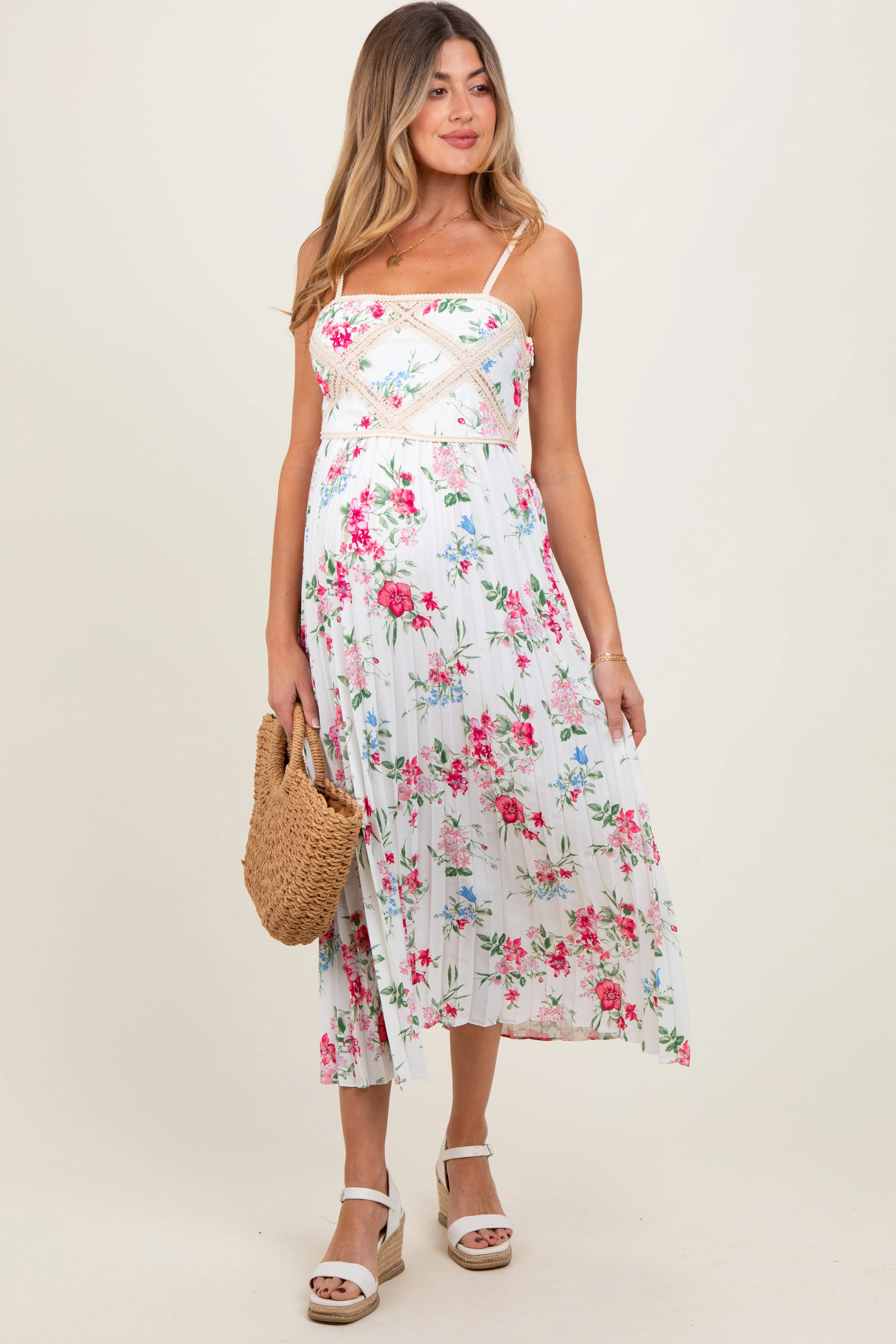 White Floral Pleated Crotchet Detail Maternity Midi Dress sold by Pinkblush product image thumbnail 2