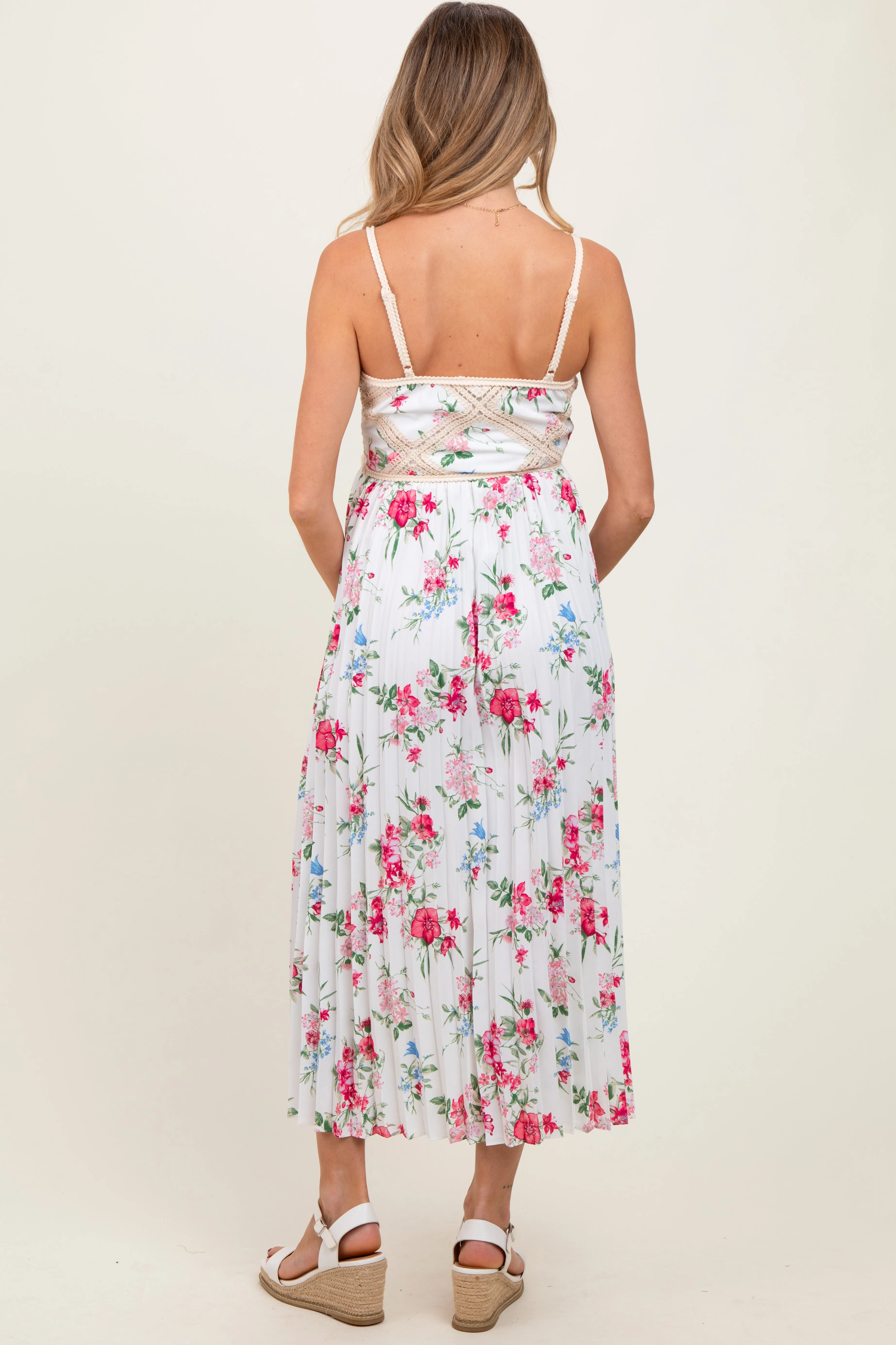 White Floral Pleated Crotchet Detail Maternity Midi Dress sold by Pinkblush product image thumbnail 4