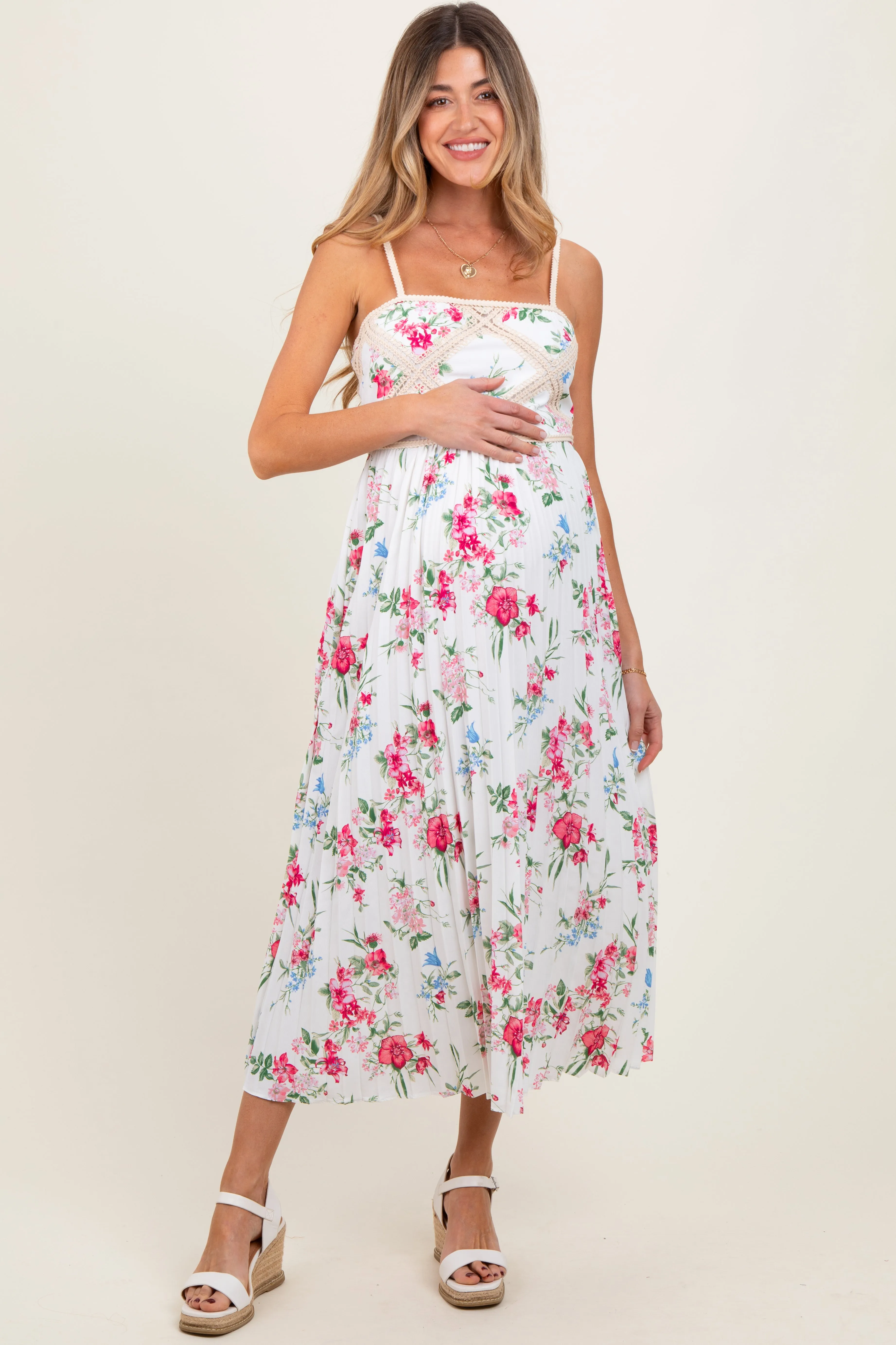 White Floral Pleated Crotchet Detail Maternity Midi Dress sold by Pinkblush