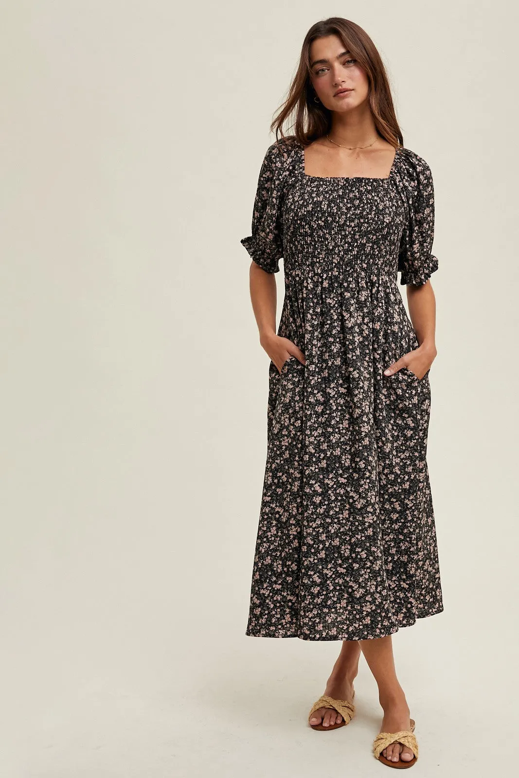 Black Floral Smocked Puff Sleeve Maternity Midi Dress sold by Pinkblush product image thumbnail 3