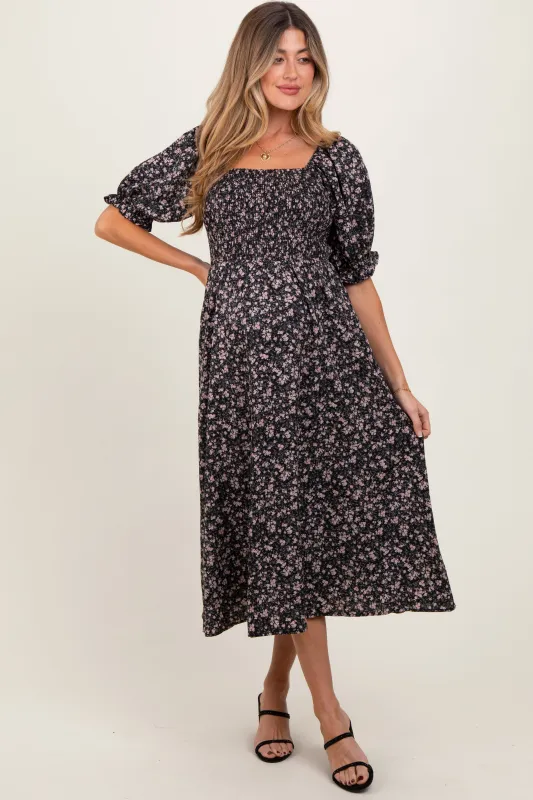 Black Floral Smocked Puff Sleeve Maternity Midi Dress sold by Pinkblush