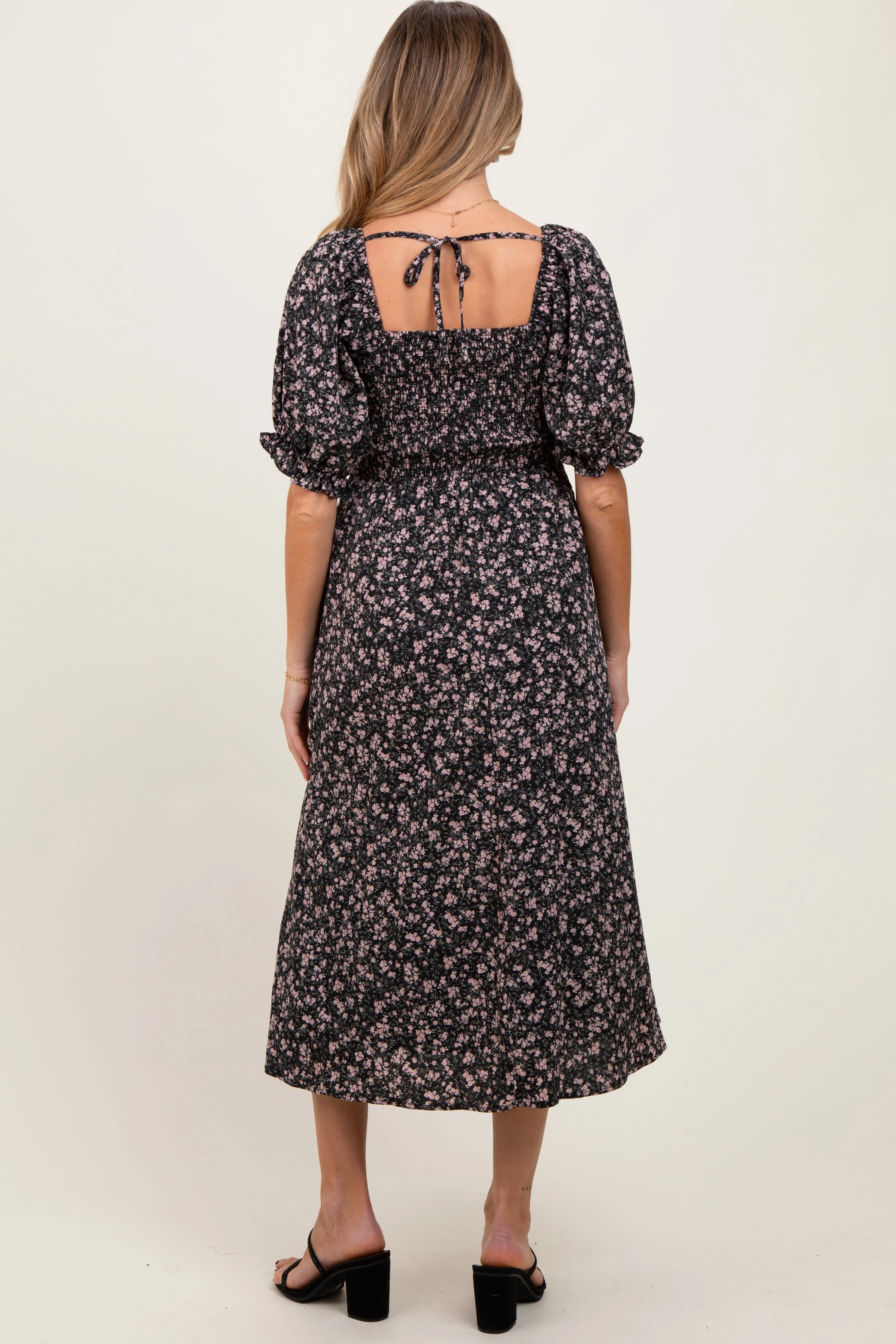 Black Floral Smocked Puff Sleeve Maternity Midi Dress sold by Pinkblush product image thumbnail 2