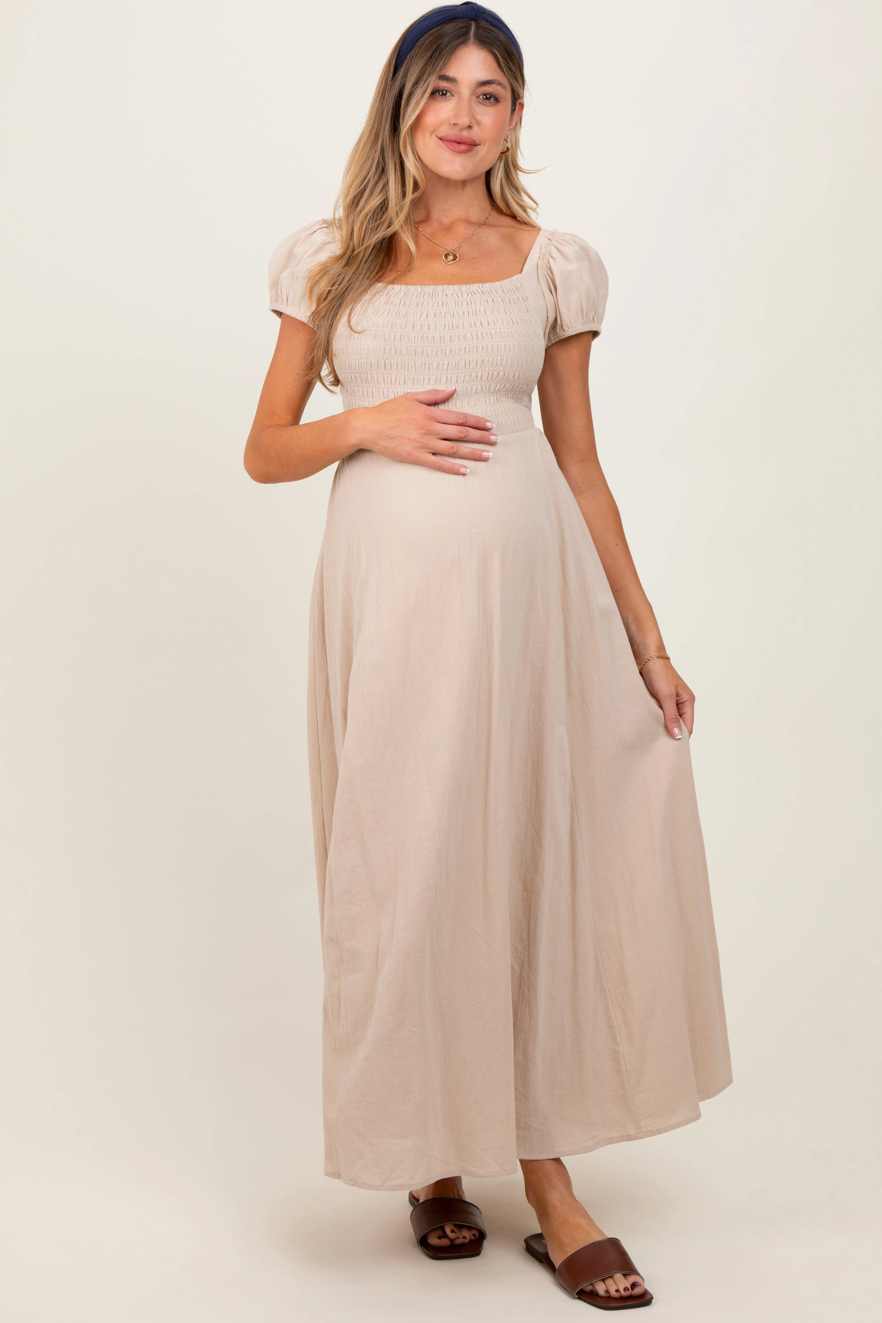 Beige Square Neck Smocked Top Criss Cross Back Tie Maternity Maxi Dress sold by Pinkblush