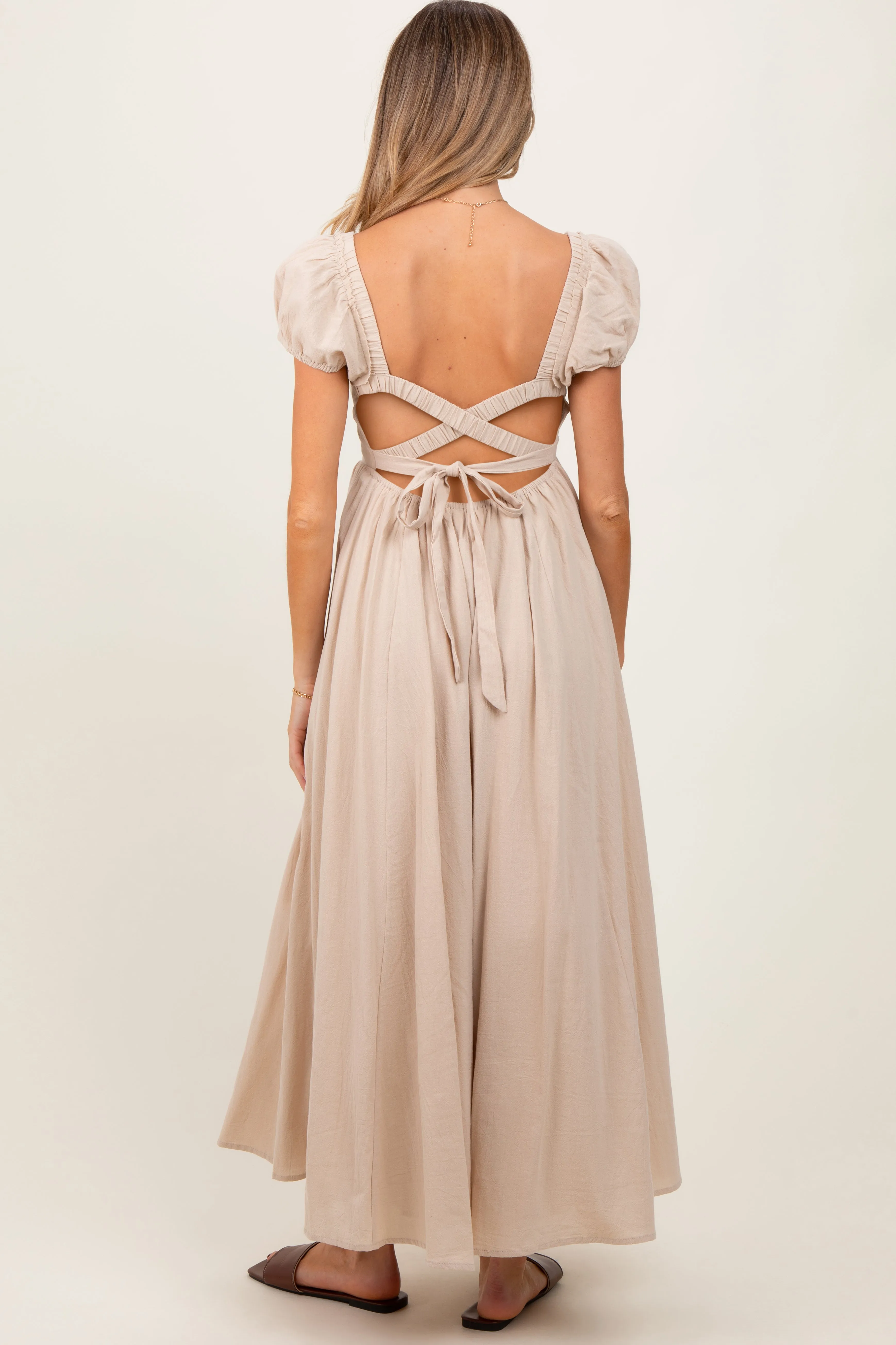 Beige Square Neck Smocked Top Criss Cross Back Tie Maternity Maxi Dress sold by Pinkblush product image thumbnail 2