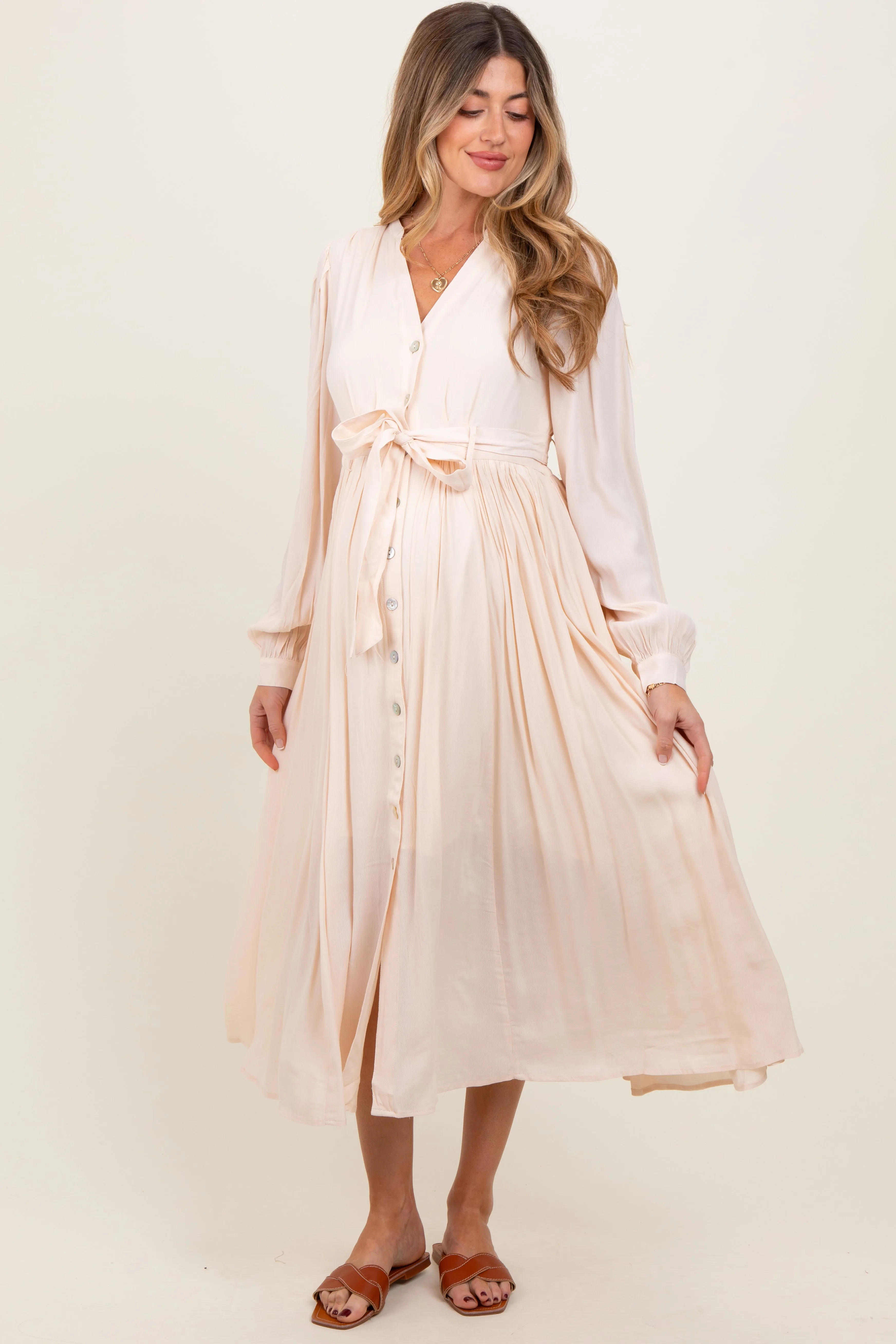 Beige Belted Long Sleeve Maternity Maxi Dress sold by Pinkblush product image thumbnail 2