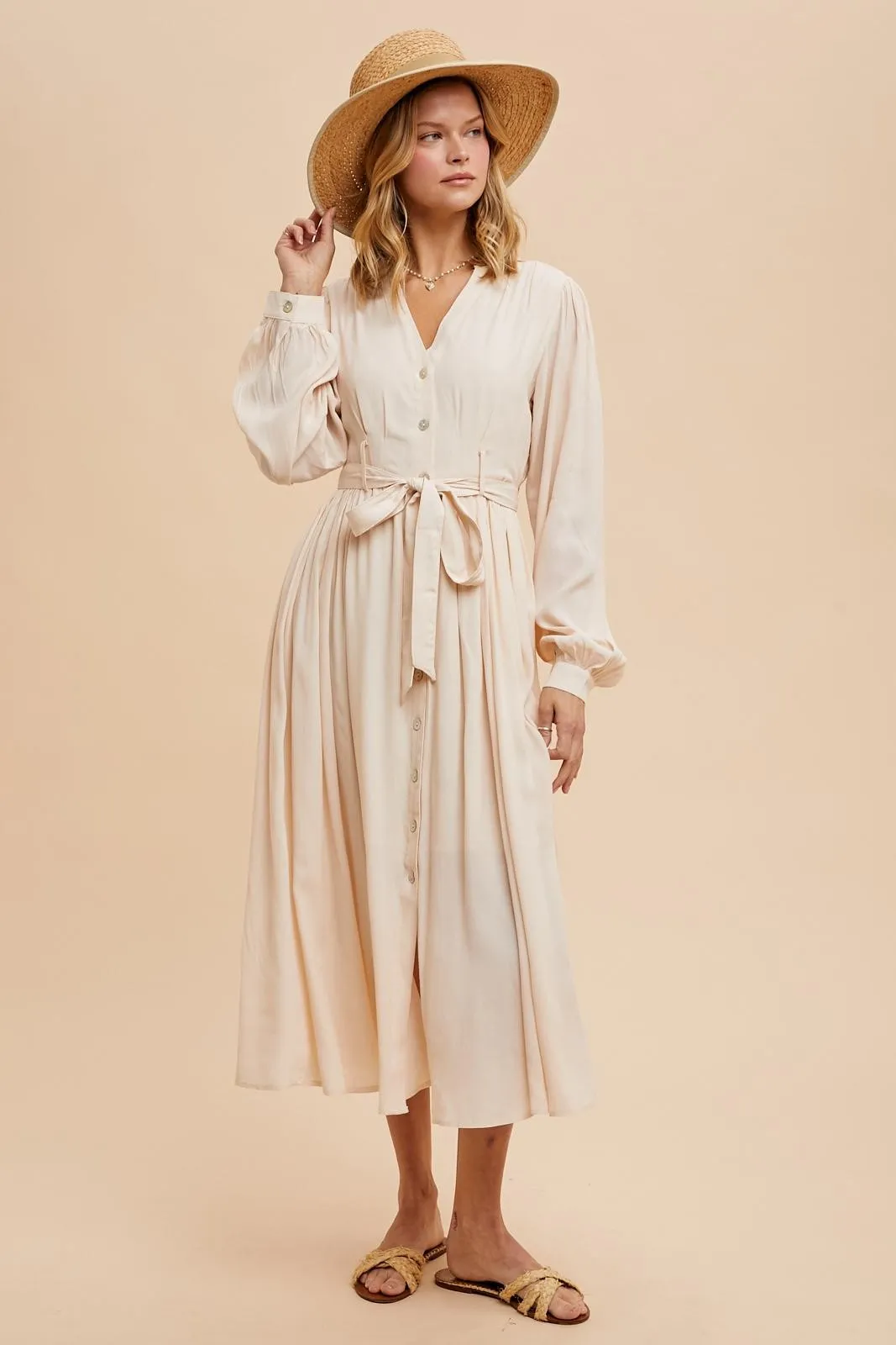 Beige Belted Long Sleeve Maternity Maxi Dress sold by Pinkblush product image thumbnail 4