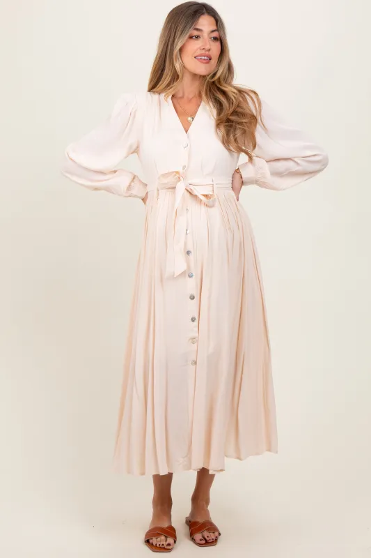 Beige Belted Long Sleeve Maternity Maxi Dress sold by Pinkblush