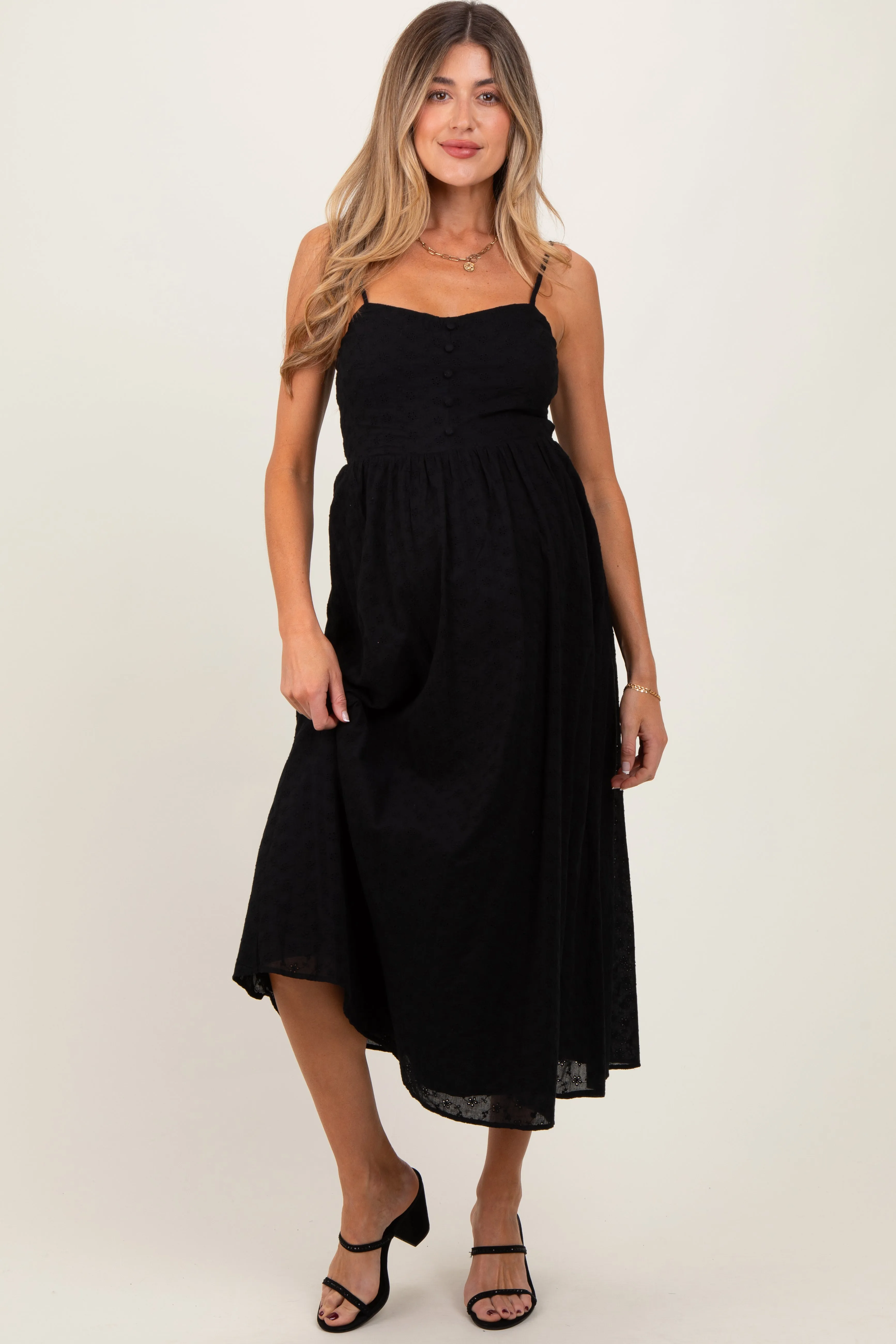 Black Eyelet Front Button Sleeveless Maternity Midi Dress sold by Pinkblush product image thumbnail 2