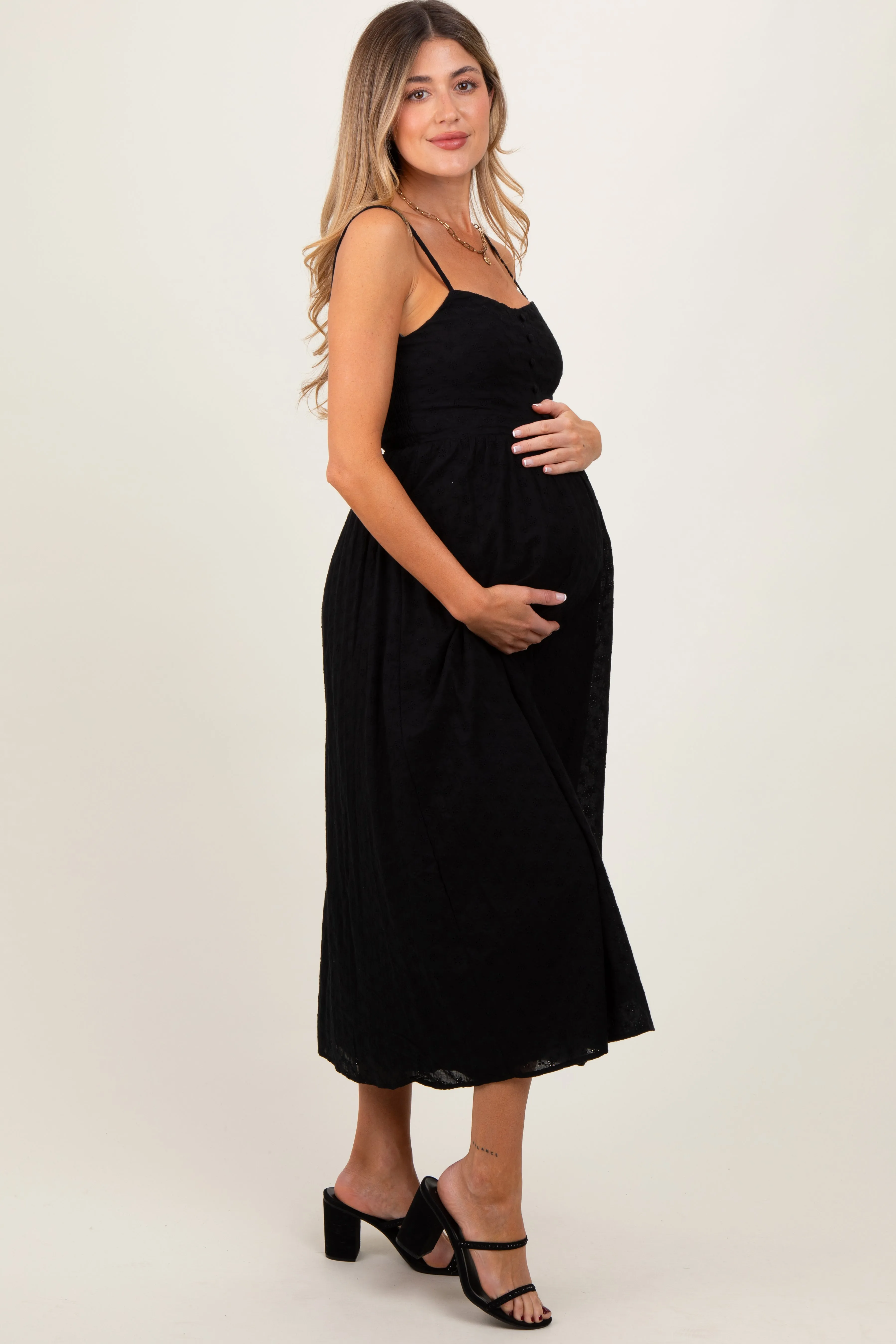 Black Eyelet Front Button Sleeveless Maternity Midi Dress sold by Pinkblush product image thumbnail 3