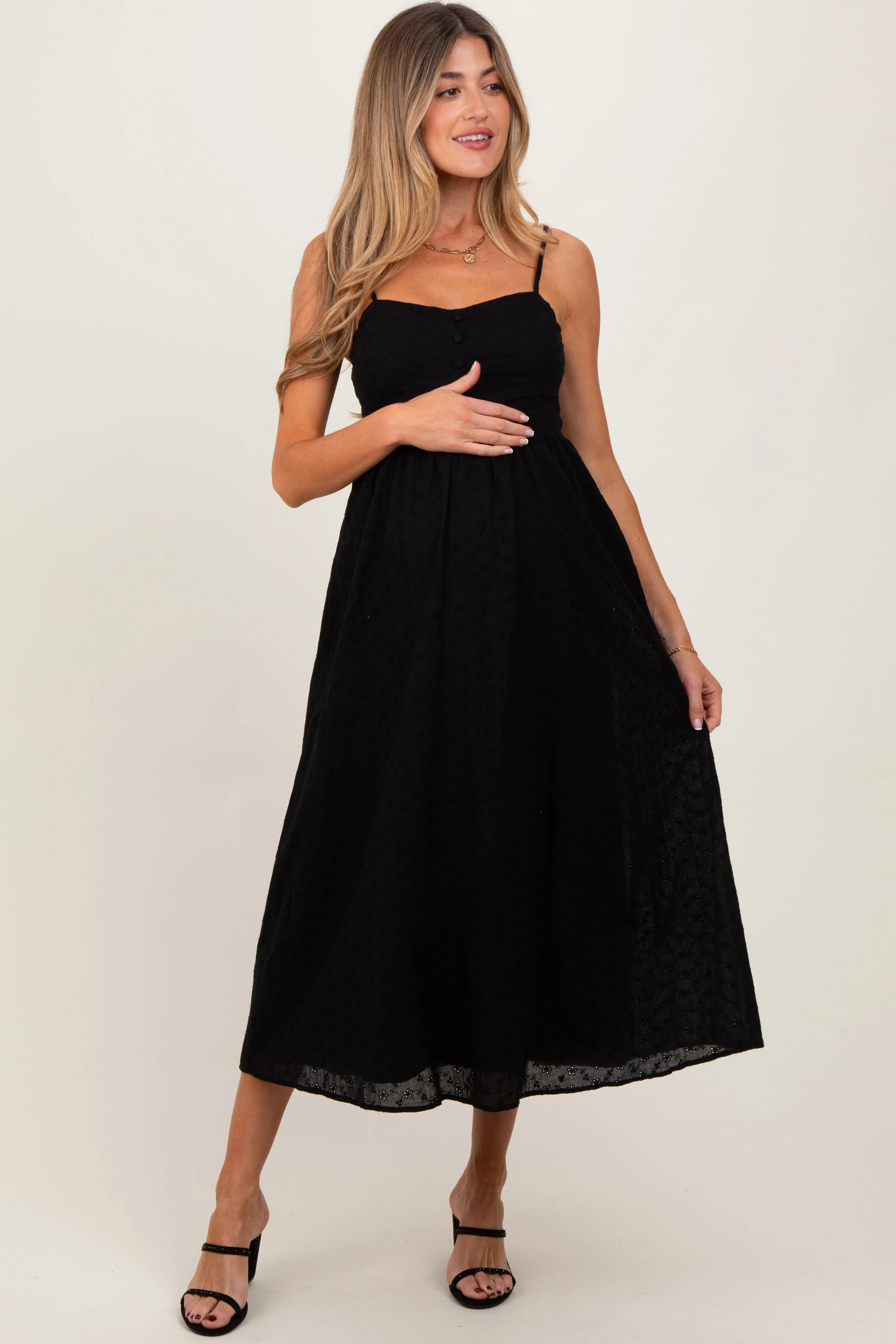 Black Eyelet Front Button Sleeveless Maternity Midi Dress sold by Pinkblush
