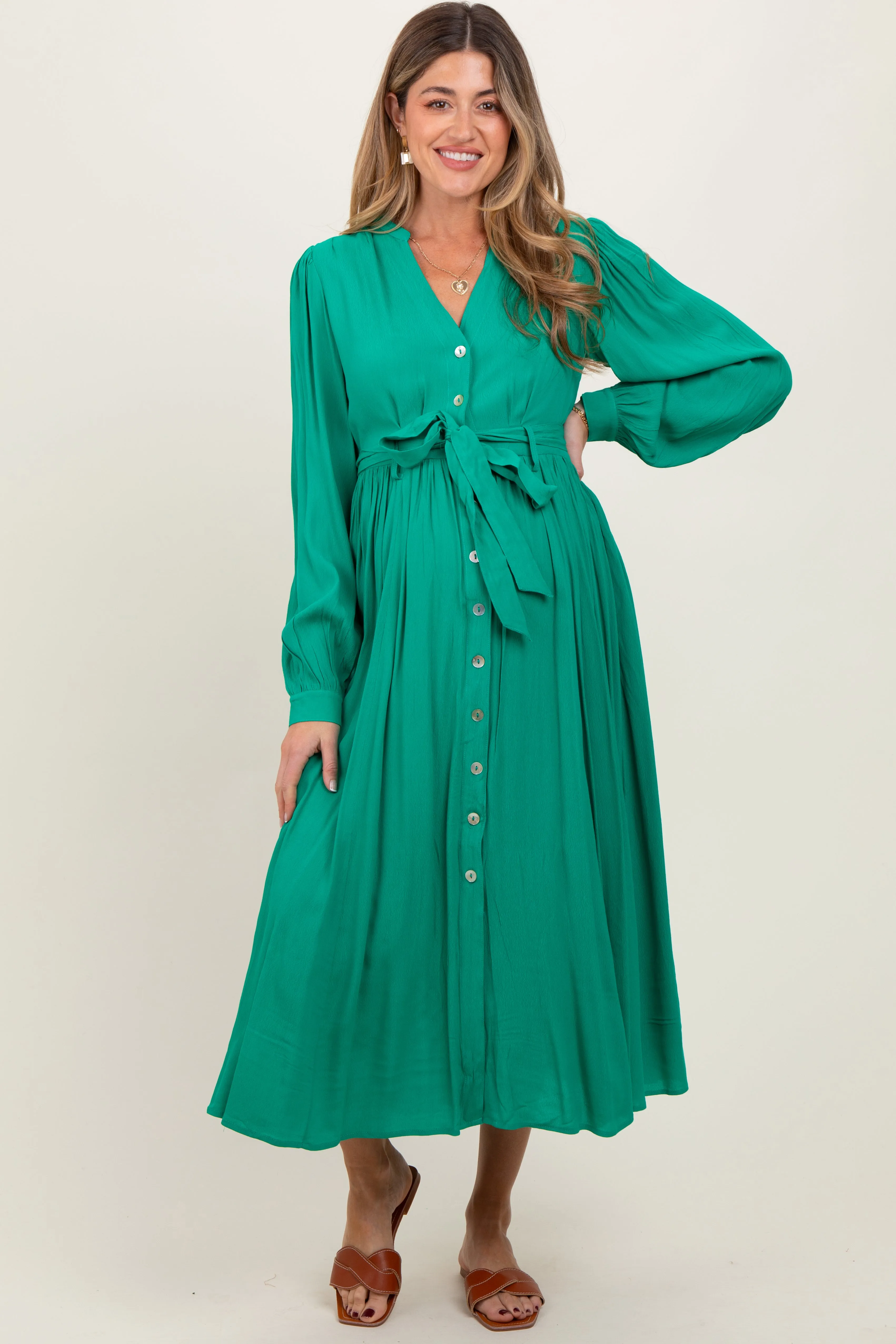 Jade Belted Long Sleeve Maternity Maxi Dress sold by Pinkblush