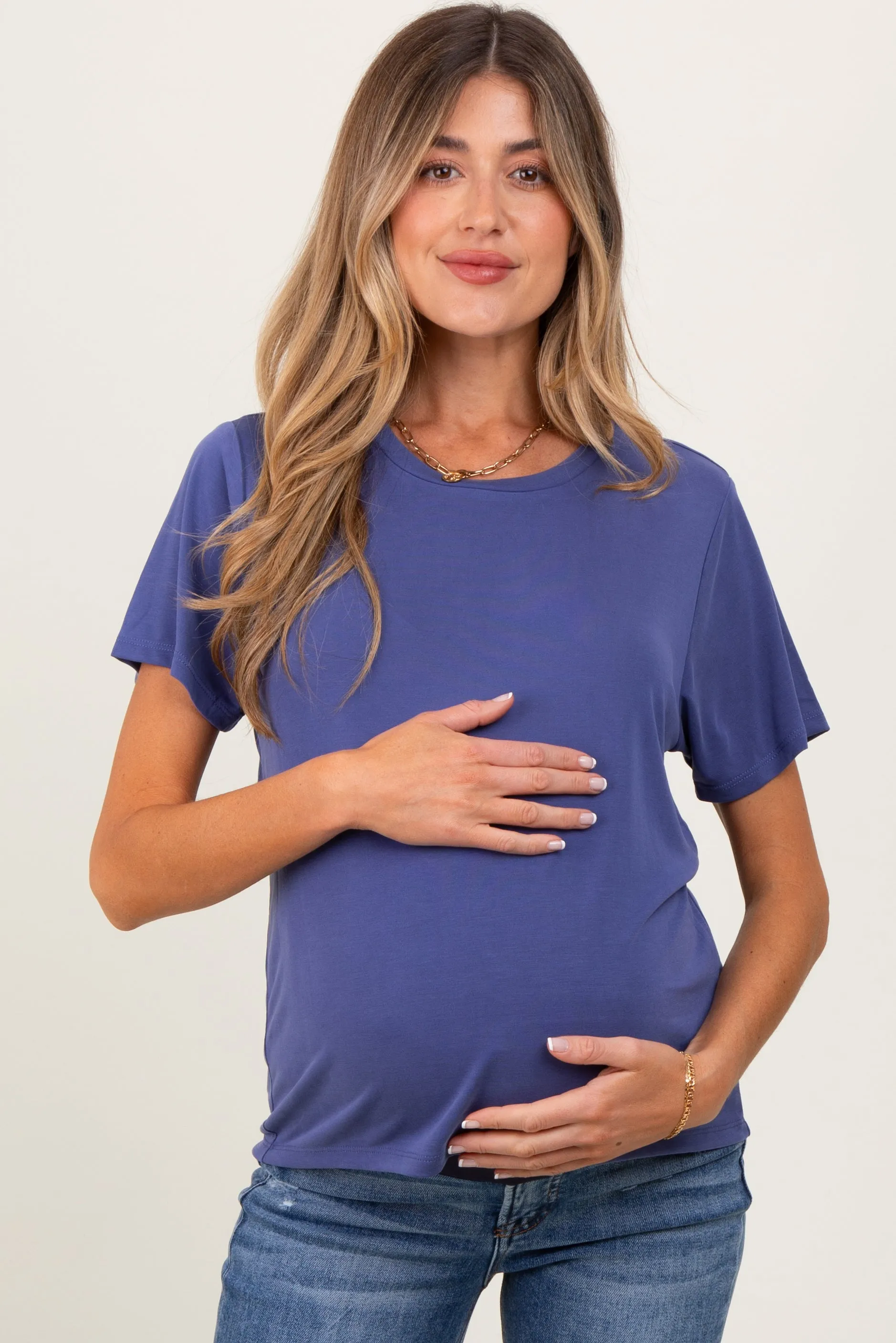 Navy Basic Round Neck Short Sleeve Maternity T-Shirt sold by Pinkblush