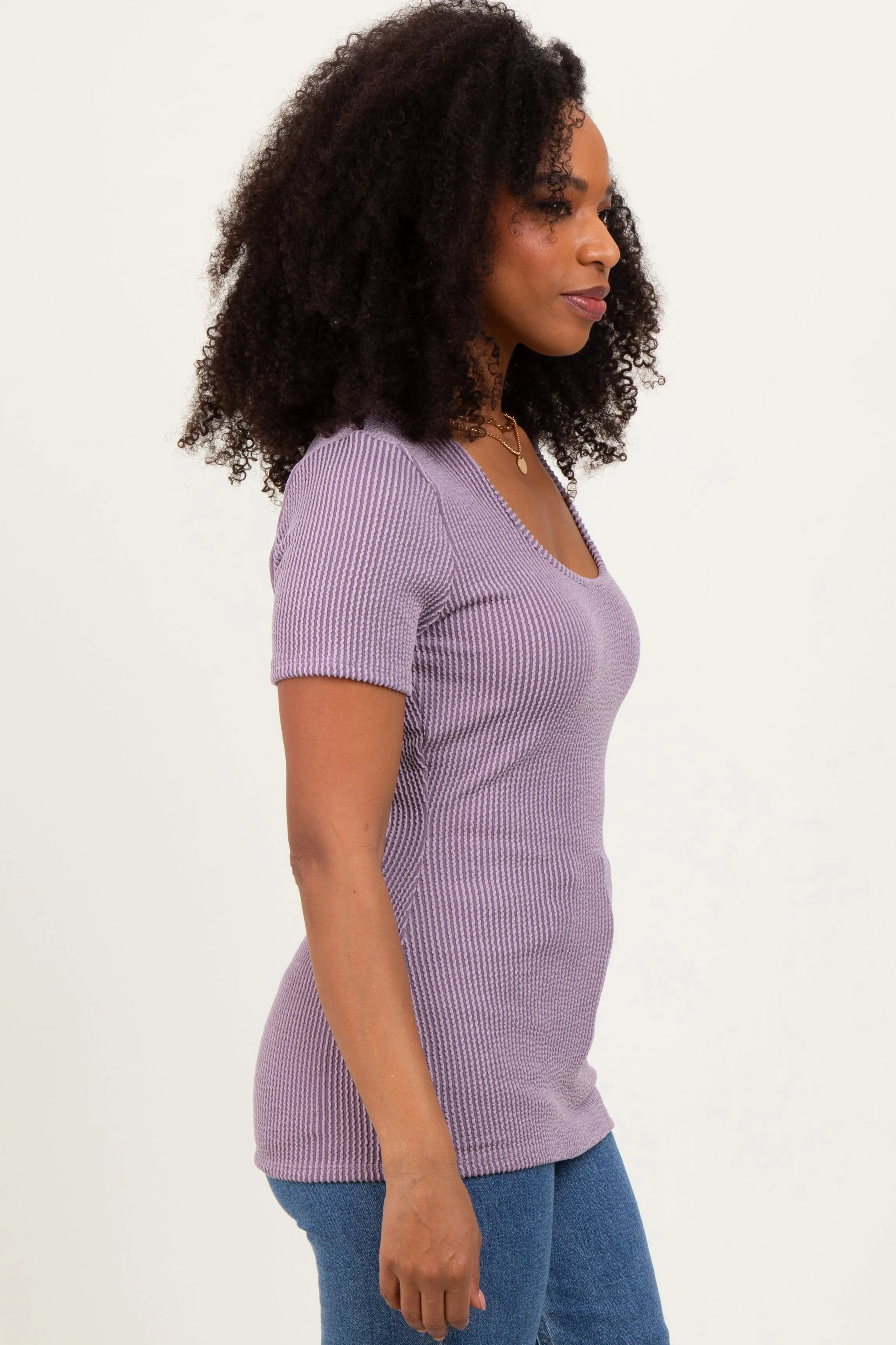 Mauve Solid Ribbed Short Sleeve Round Neck Basic Top sold by Pinkblush product image thumbnail 3