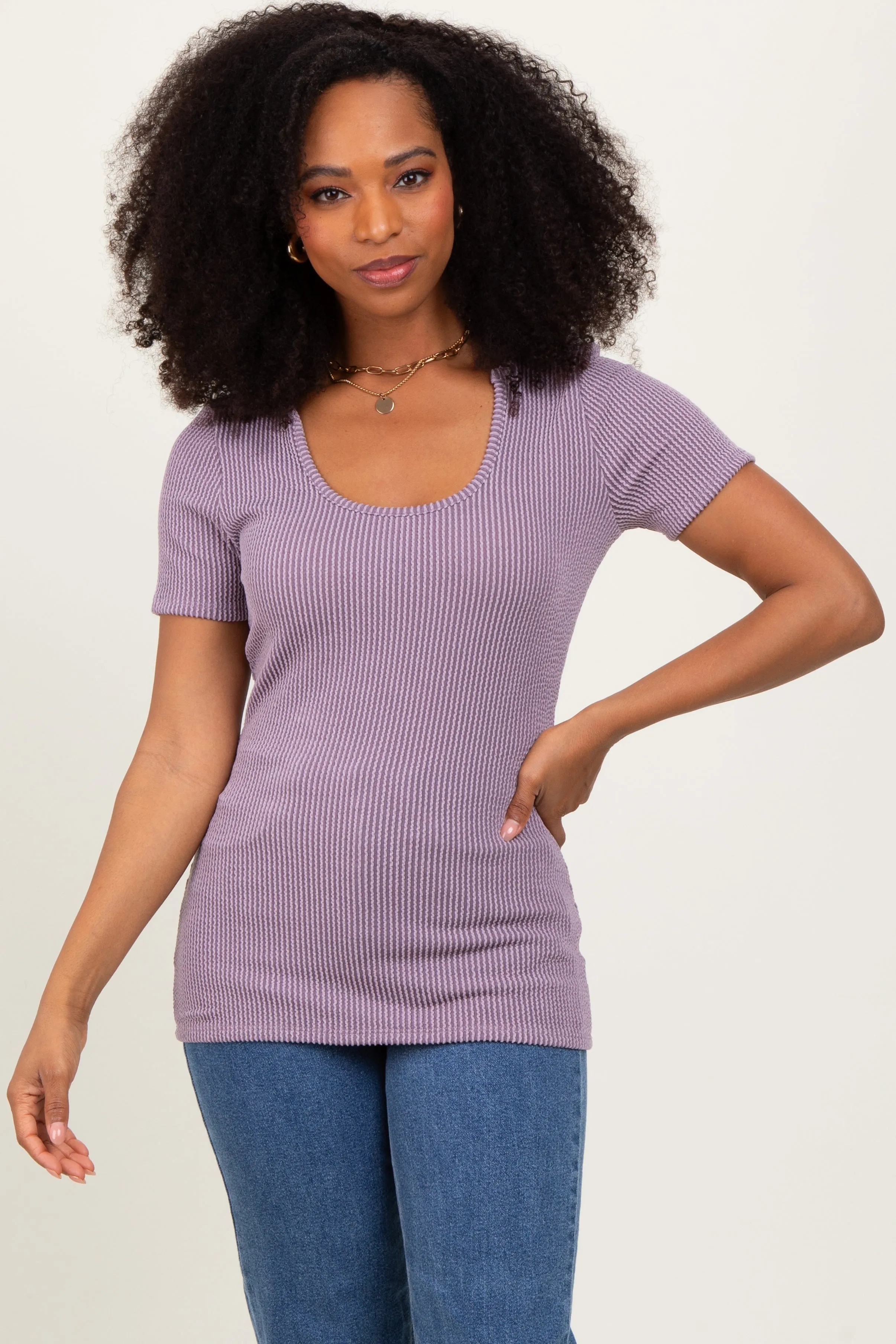 Mauve Solid Ribbed Short Sleeve Round Neck Basic Top sold by Pinkblush