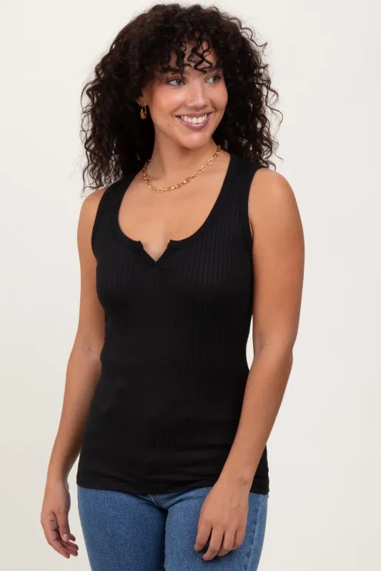 Black Solid Ribbed V-Neck Tank Top sold by Pinkblush