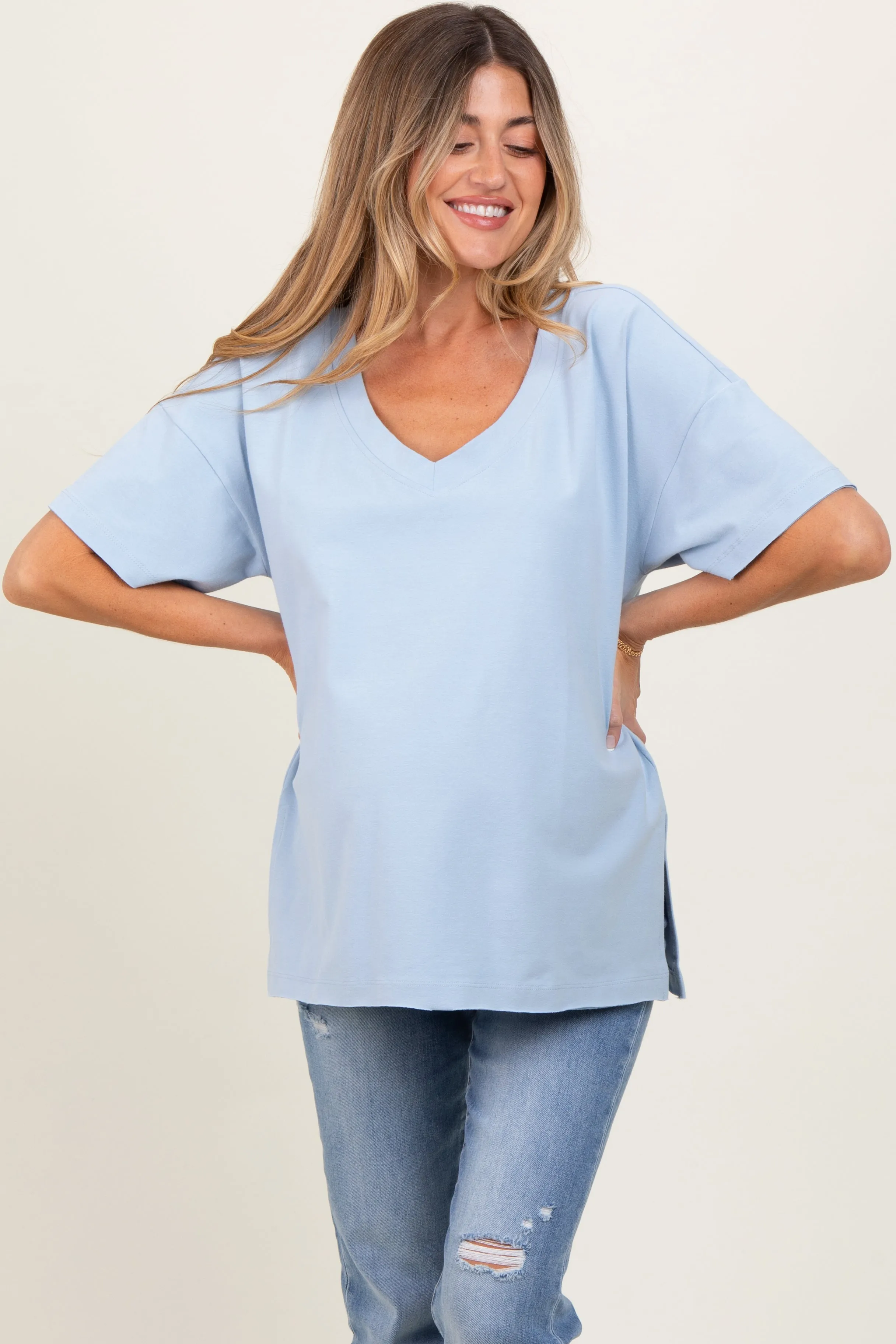Light Blue Oversized V-Neck Side Slit Maternity Tee sold by Pinkblush