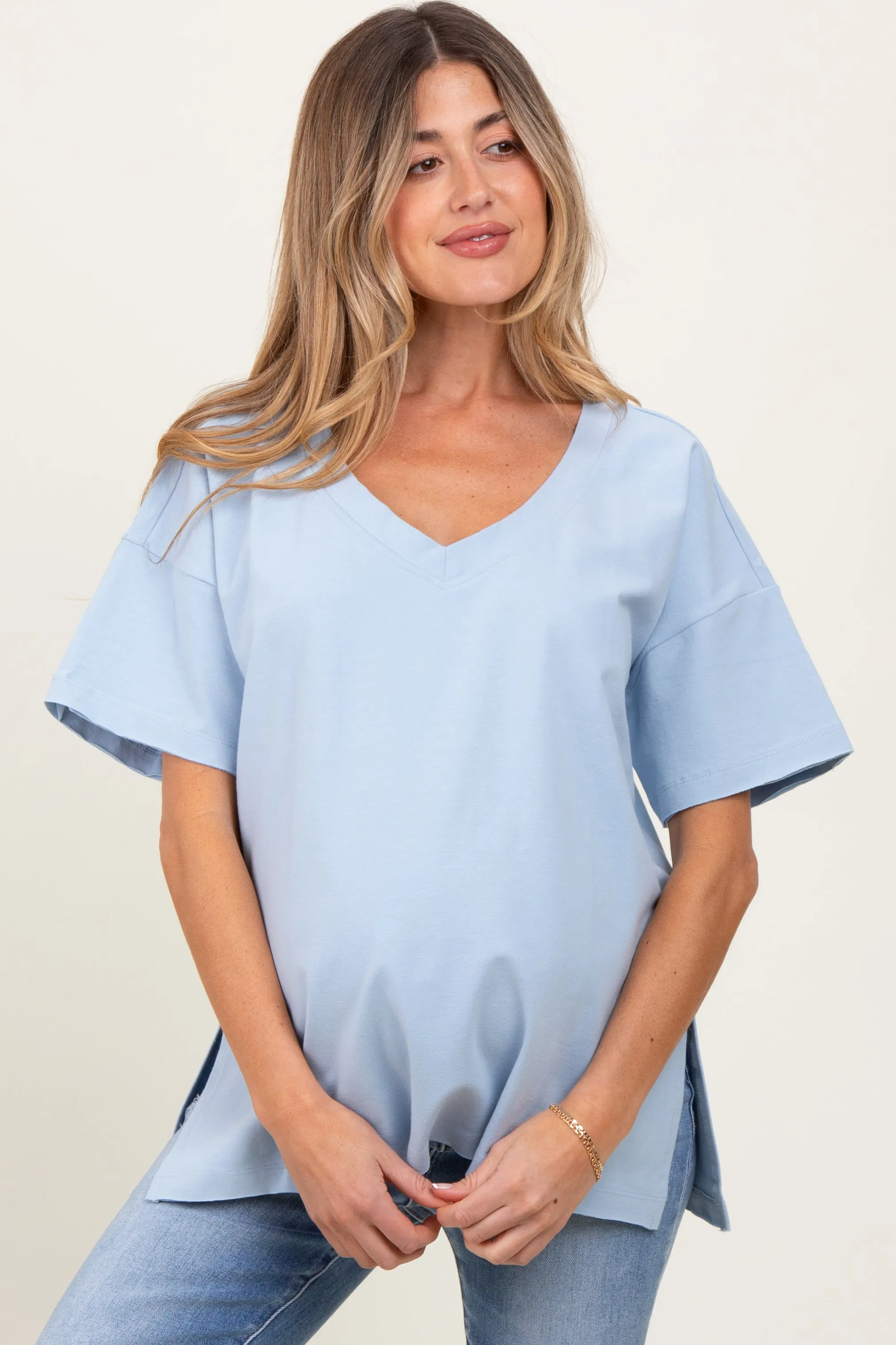 Light Blue Oversized V-Neck Side Slit Maternity Tee sold by Pinkblush product image thumbnail 2