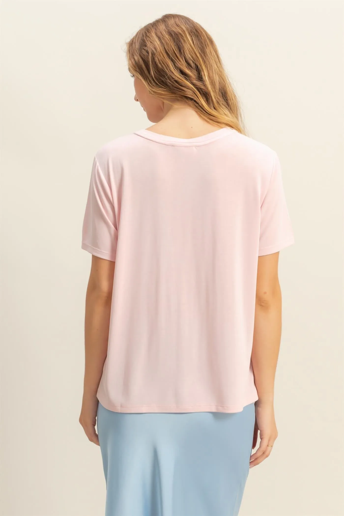 Light Pink Basic Round Neck Short Sleeve T-Shirt sold by Pinkblush product image thumbnail 4