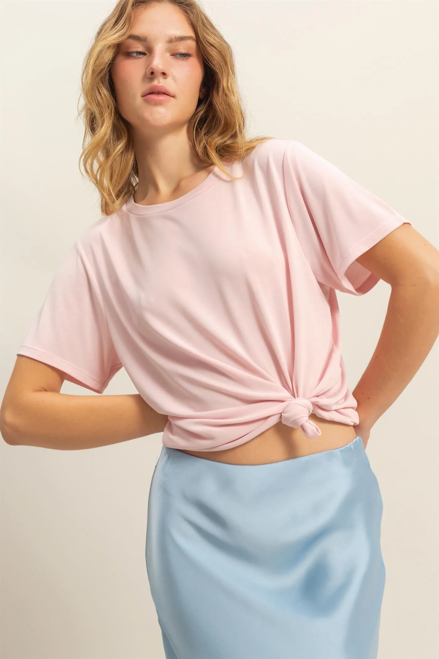 Light Pink Basic Round Neck Short Sleeve T-Shirt sold by Pinkblush product image thumbnail 2