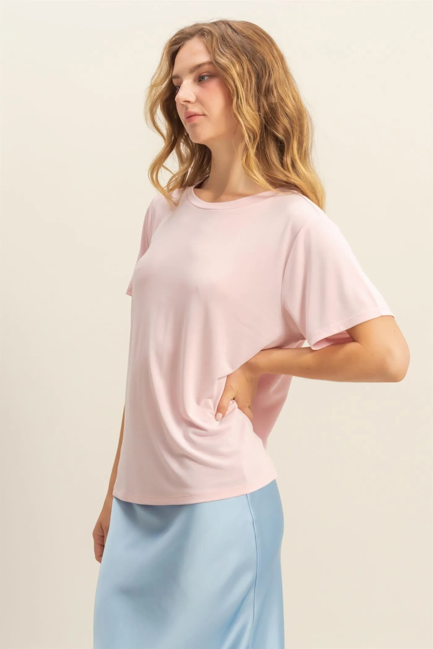 Light Pink Basic Round Neck Short Sleeve T-Shirt sold by Pinkblush product image thumbnail 3